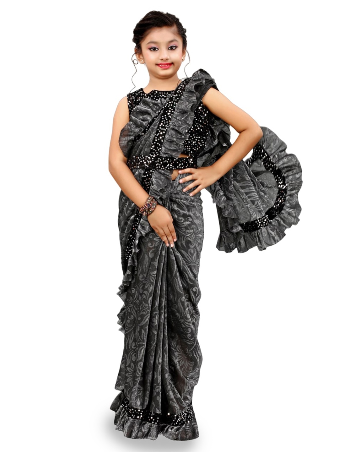 

Dhyey Fashion Girls Floral Sequinned Detailed Saree, Grey