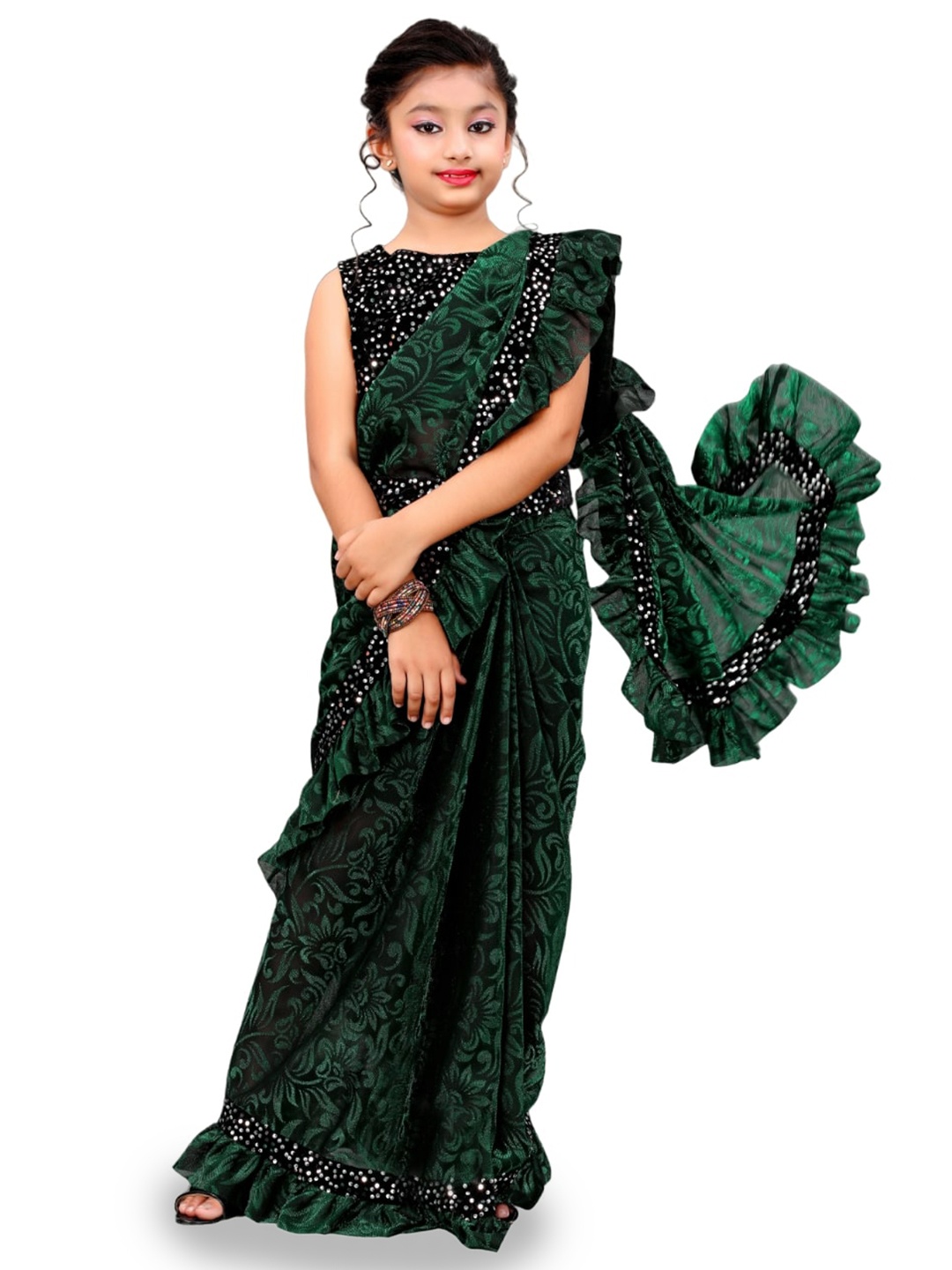 

Dhyey Fashion Girls Floral Printed Sequinned Ready to Wear Saree, Green