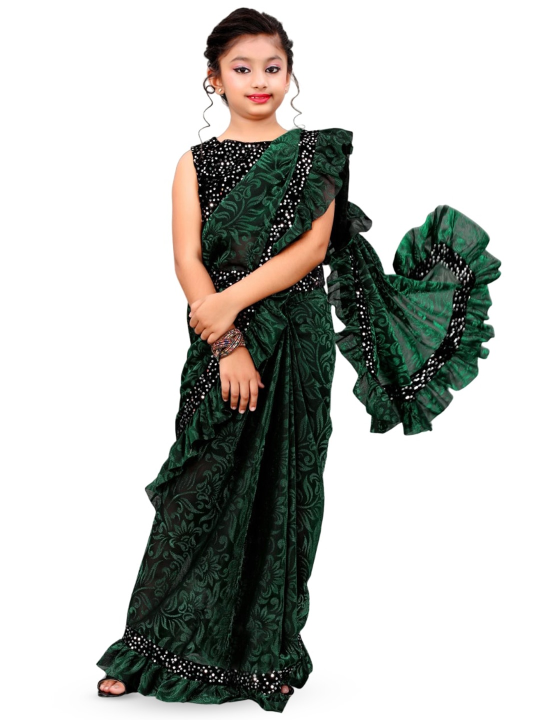 

Dhyey Fashion Girls Floral Sequinned Ready to Wear Saree, Green