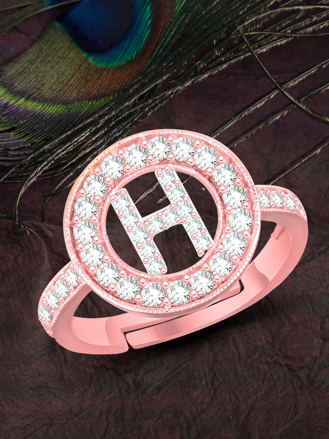 

MEENAZ Rose Gold-Plated AD Studded H Alphabet Ring Adjustable Ring