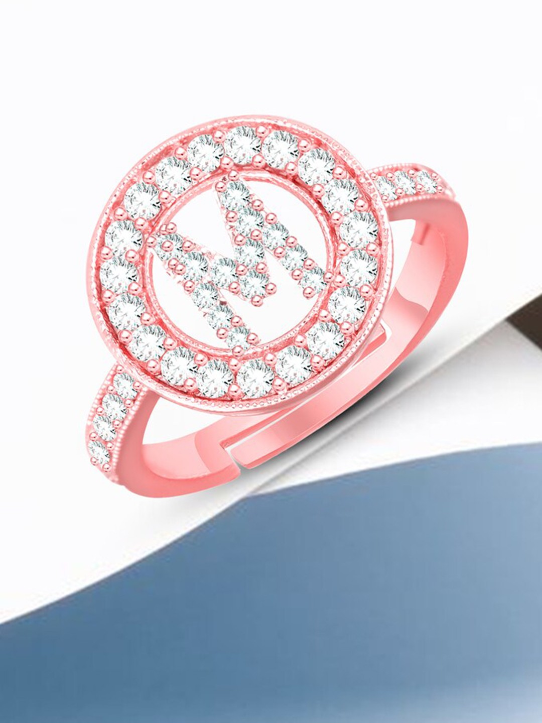 

MEENAZ Rose Gold Plated AD Studded M Alphabet Ring Adjustable Ring