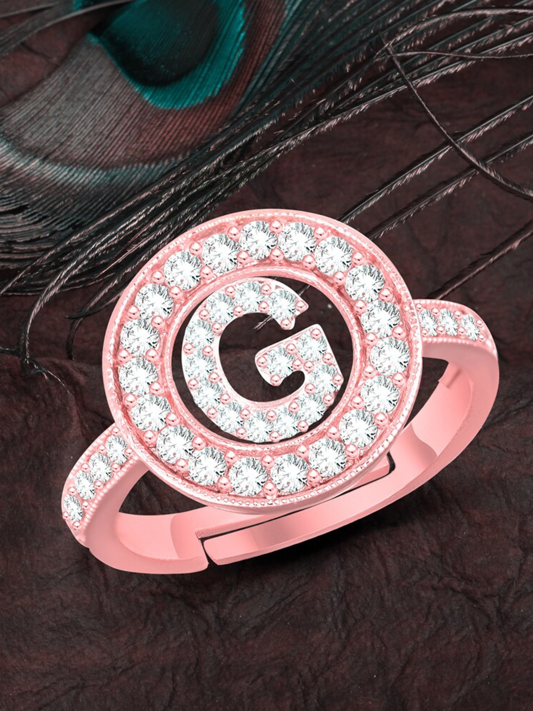 

MEENAZ Rose Gold Plated AD Studded G Alphabet Ring Adjustable Ring