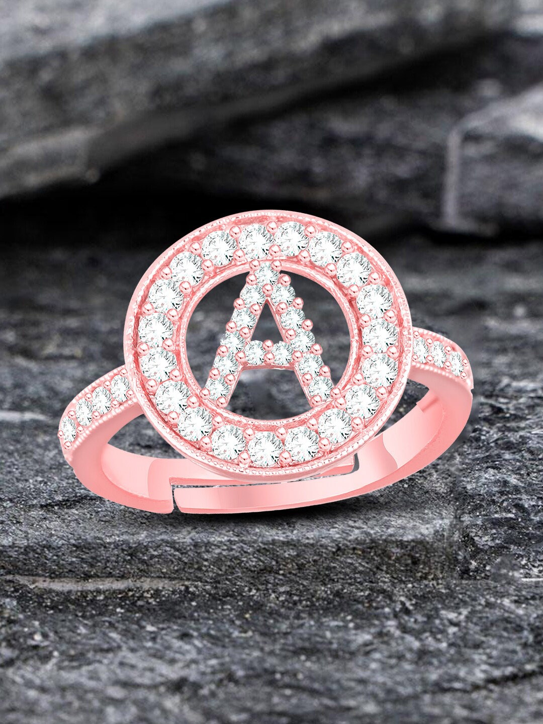 

MEENAZ Rose Gold Plated AD Studded A Alphabet Ring Adjustable Ring