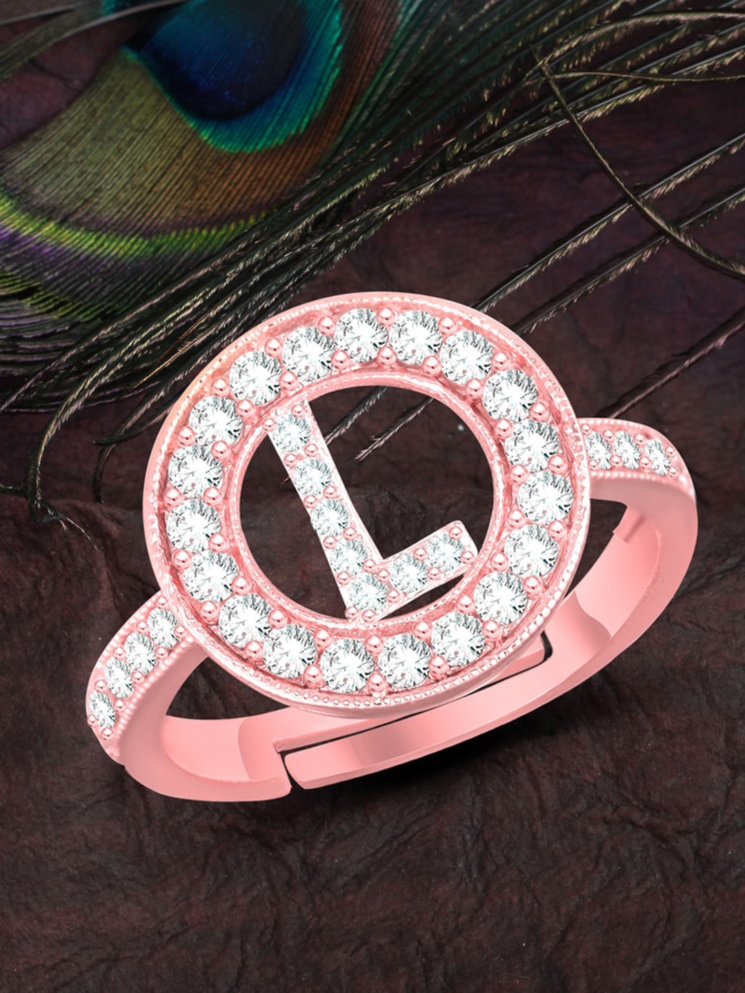 

MEENAZ Rose Gold-Plated AD Studded L Alphabet Adjustable Finger Ring