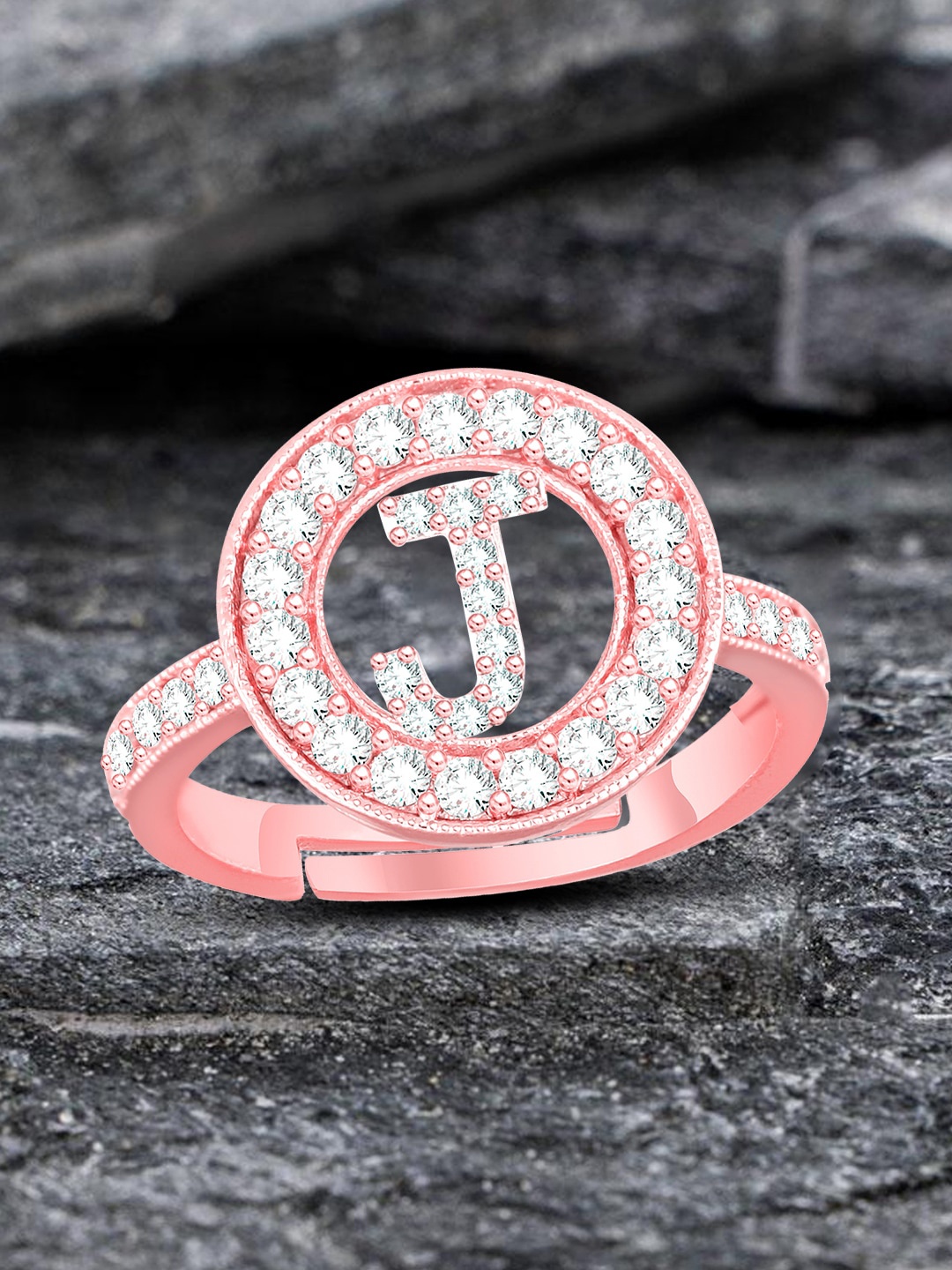 

MEENAZ Rose Gold Plated AD Studded J Alphabet Ring Adjustable Ring