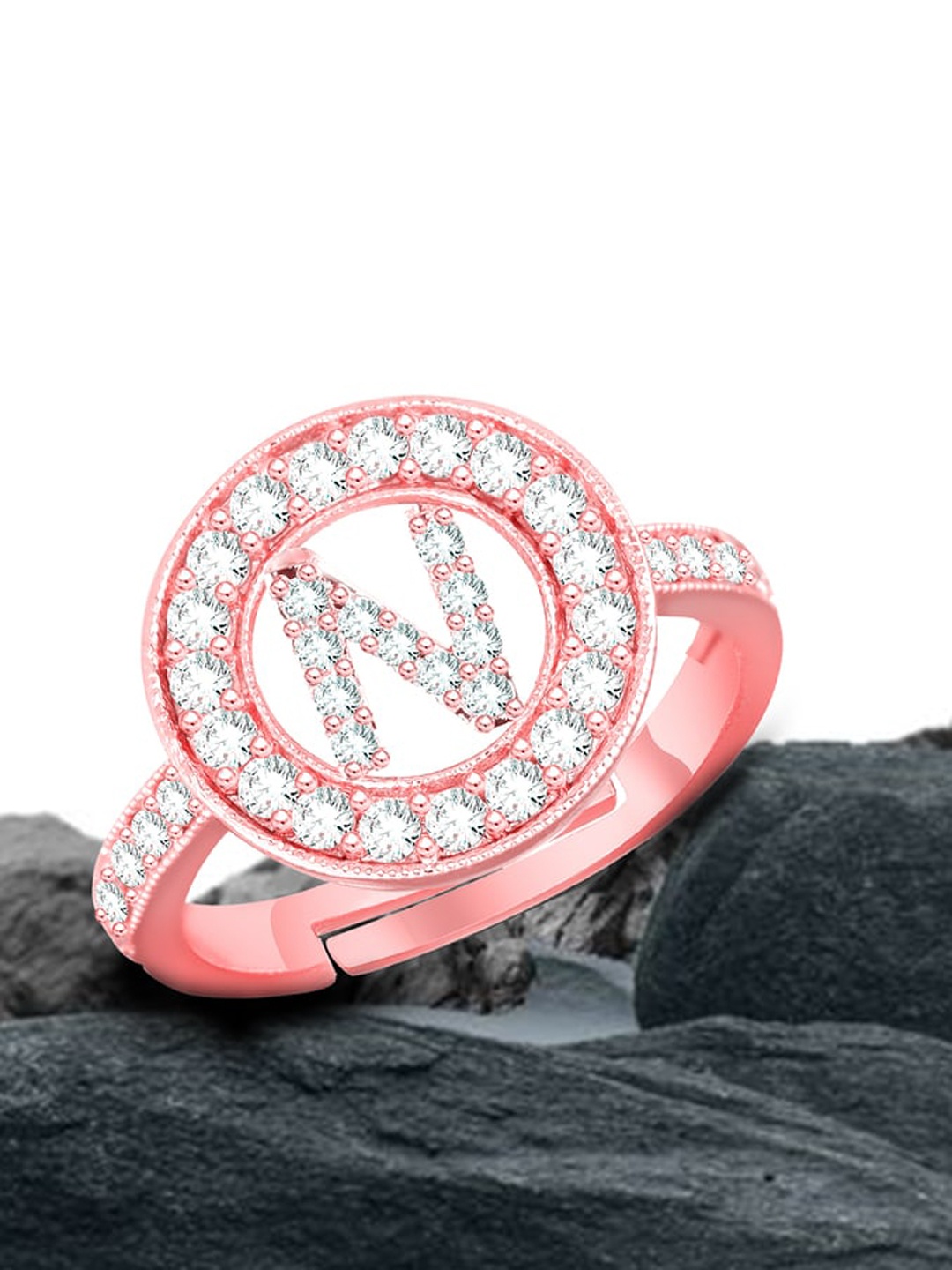 

MEENAZ Rose Gold-Plated AD Studded N Alphabet Adjustable Finger Ring