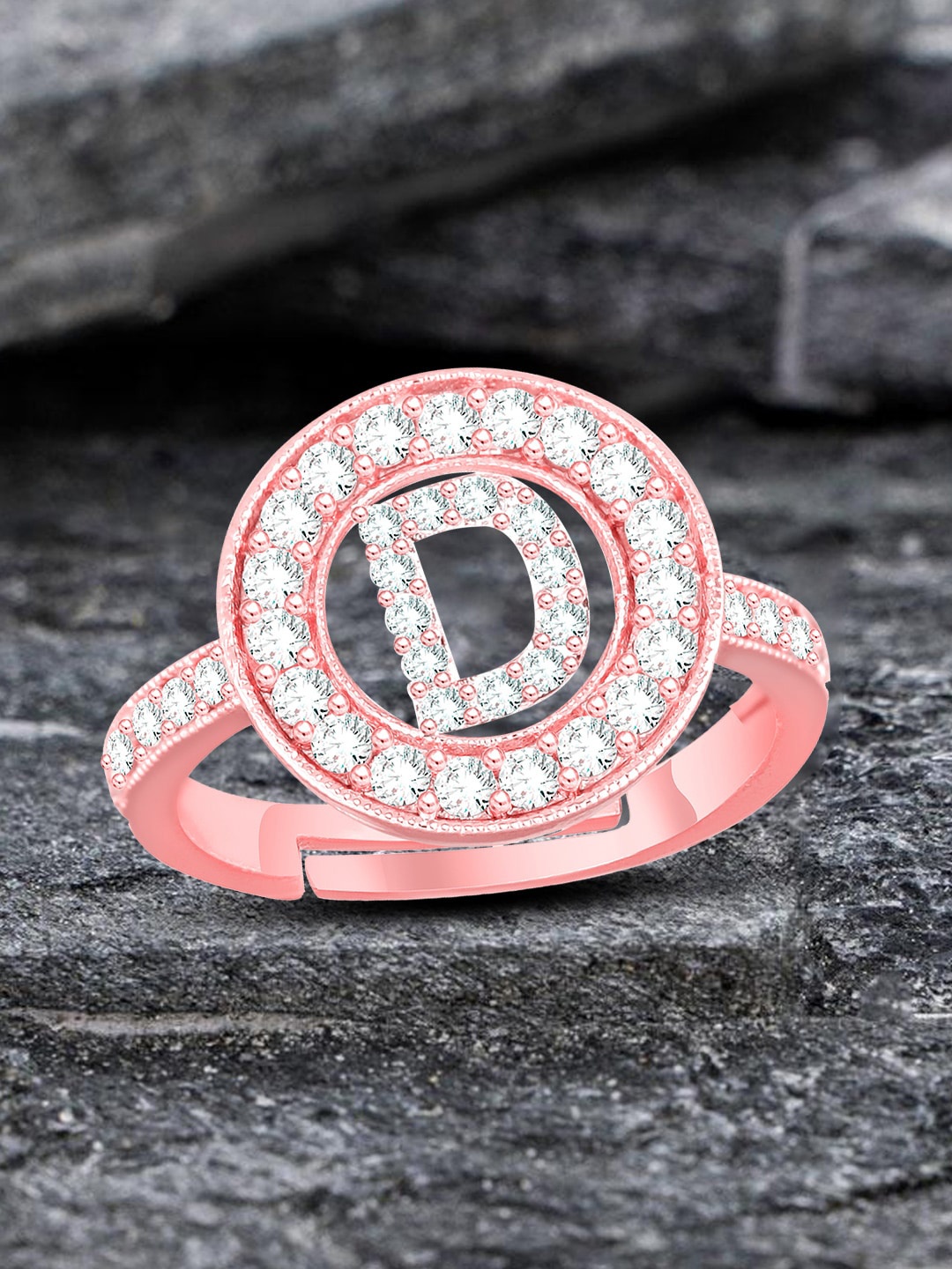 

MEENAZ Rose Gold-Plated AD Studded D Alphabet Adjustable Finger Ring