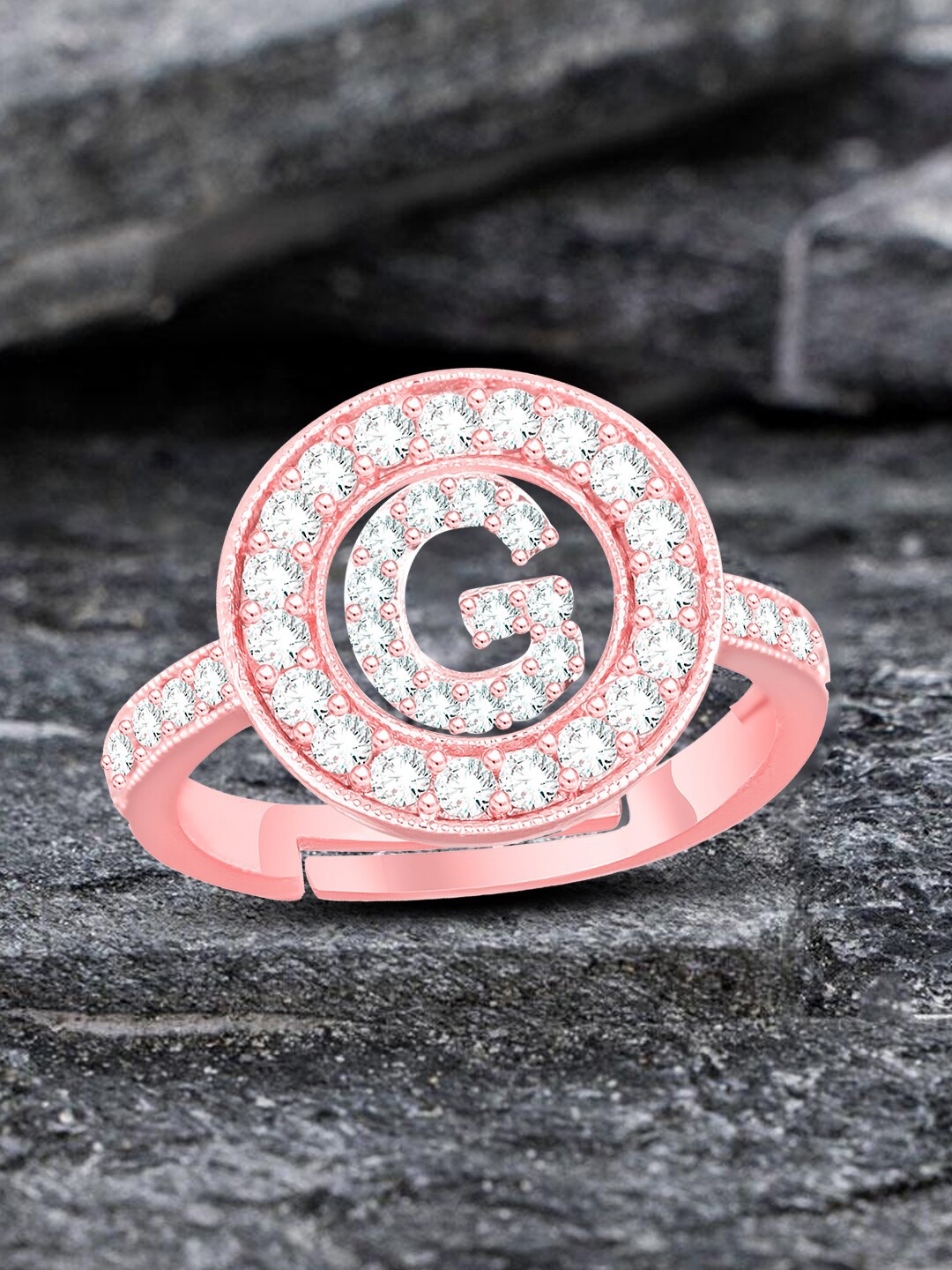 

MEENAZ Rose Gold Plated American Diamond Studded G Alphabet Finger Ring