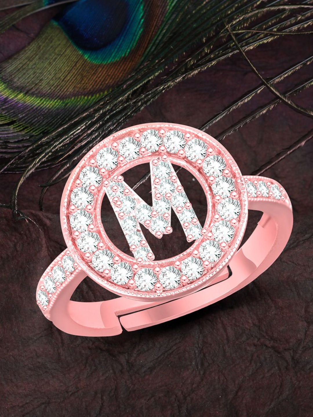 

MEENAZ Rose Gold Plated AD Studded M Alphabet Ring Adjustable Ring