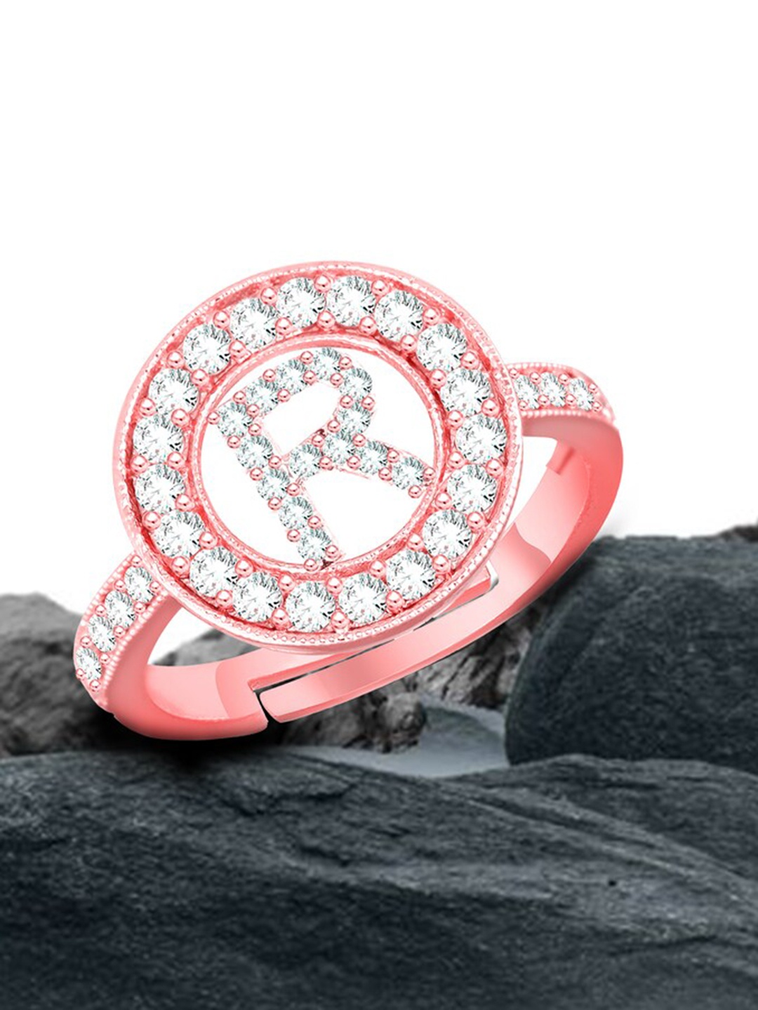 

MEENAZ Rose Gold Plated American Diamond Studded R Alphabet Finger Ring