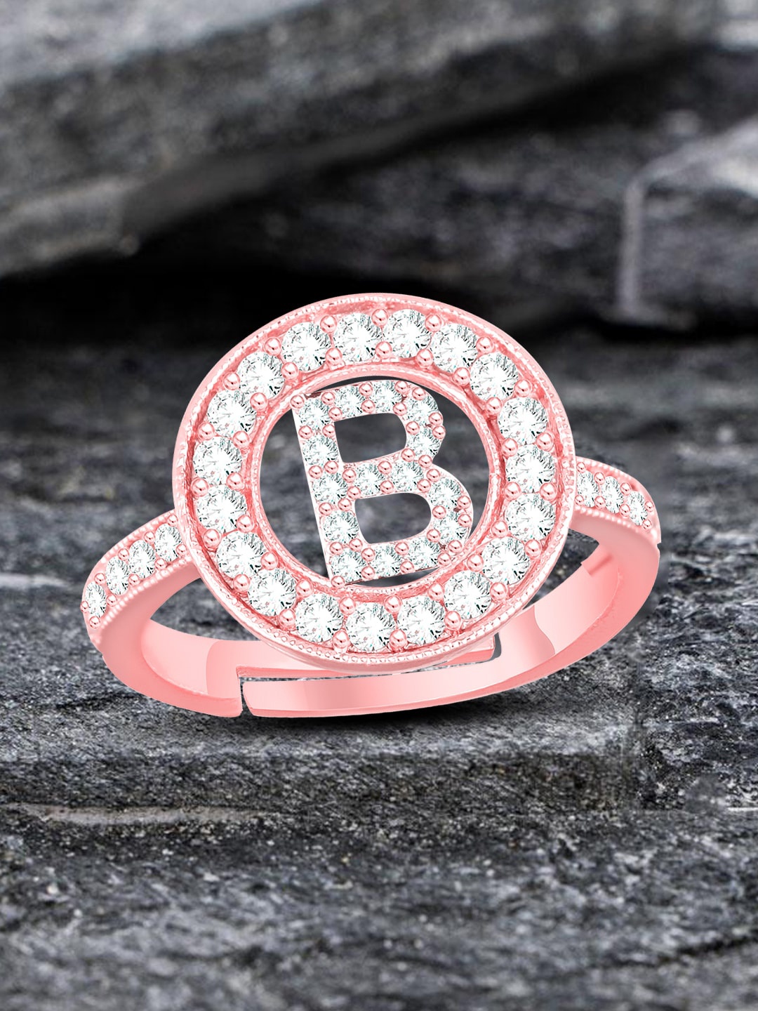 

MEENAZ Rose Gold Plated AD Studded B Alphabet Ring Adjustable Ring