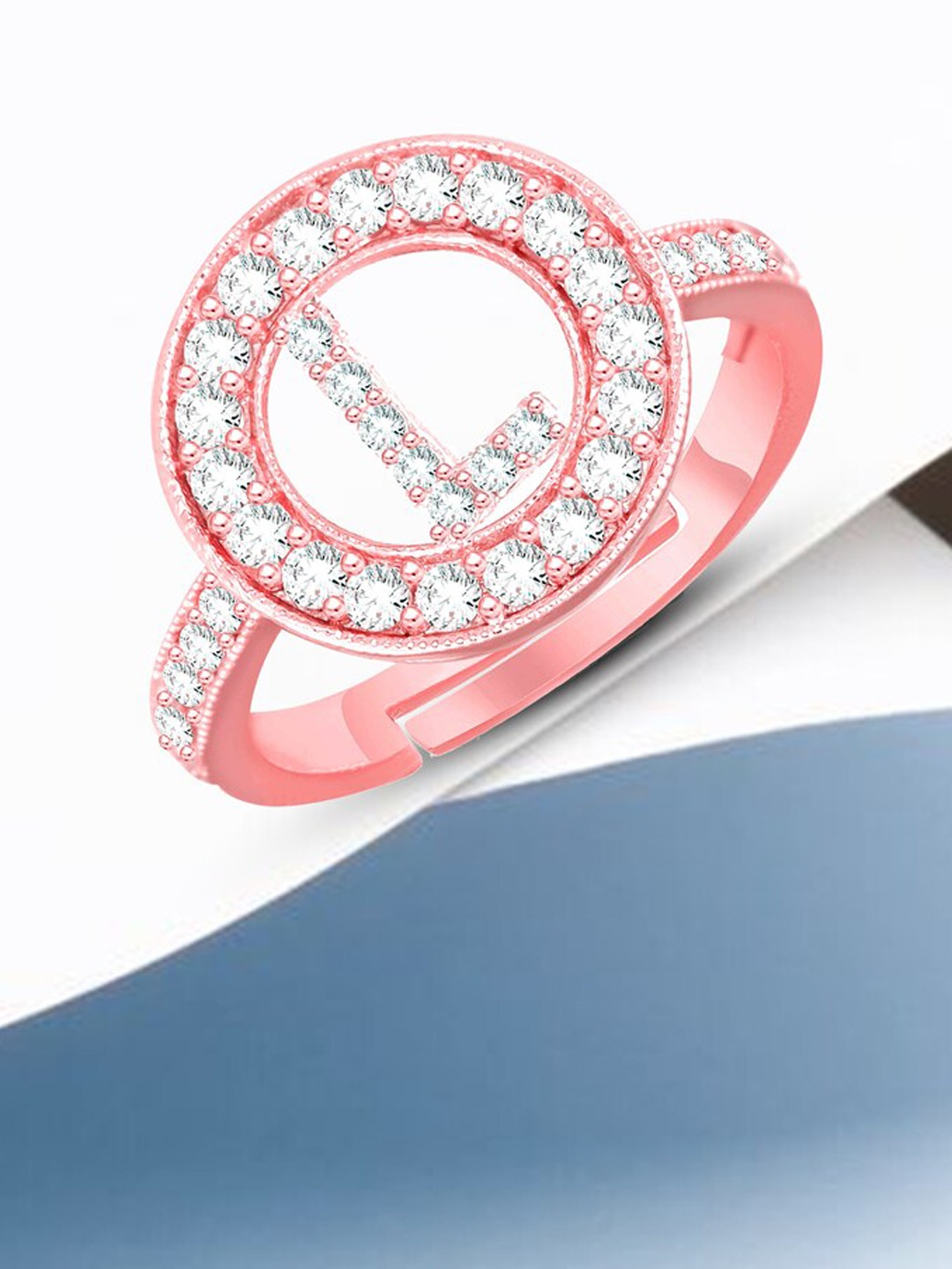 

MEENAZ Rose Gold Plated AD Studded L Alphabet Ring Adjustable Ring