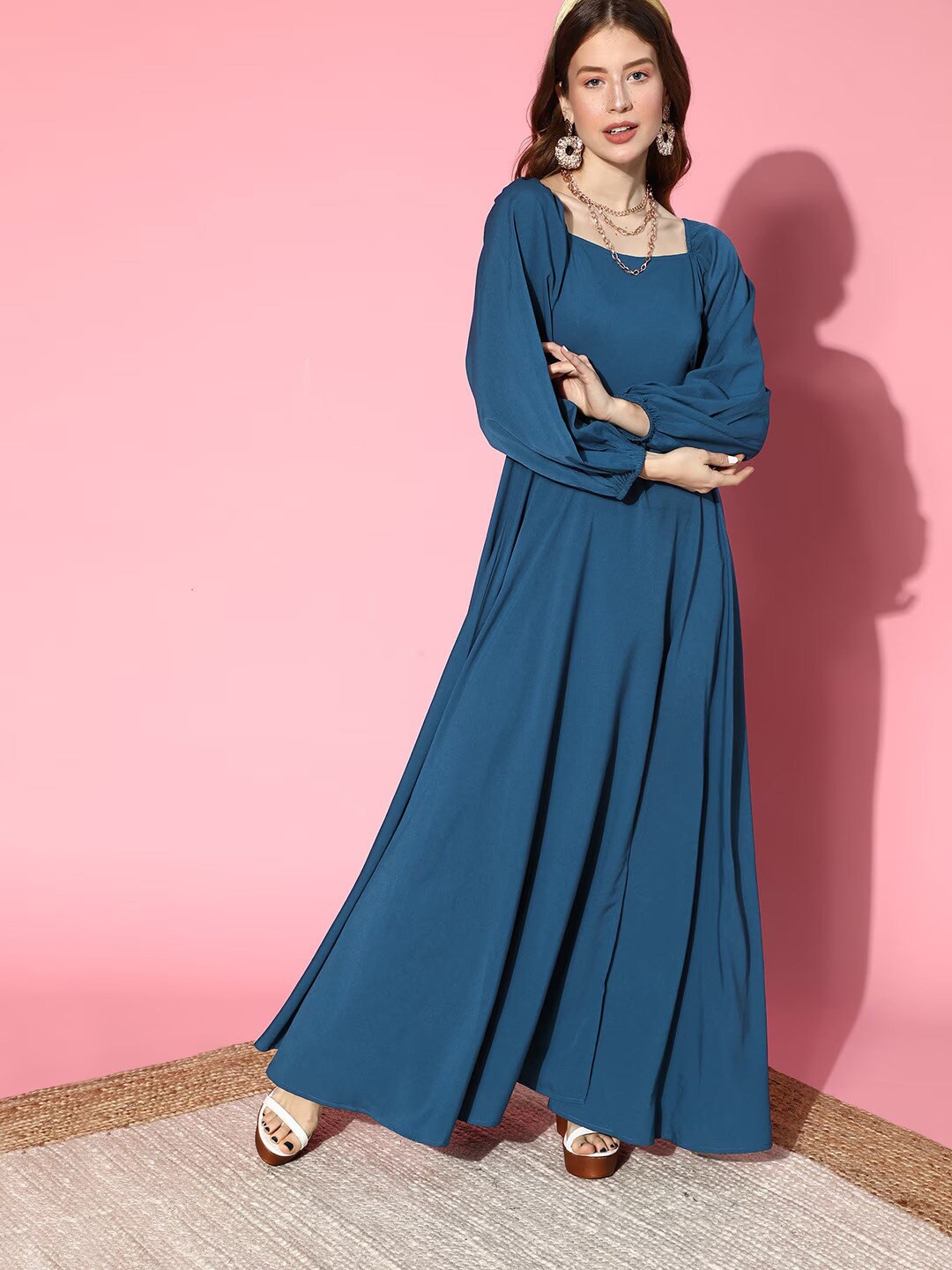 

Femvy Square Neck Puff Sleeve Slit Maxi Dress, Blue