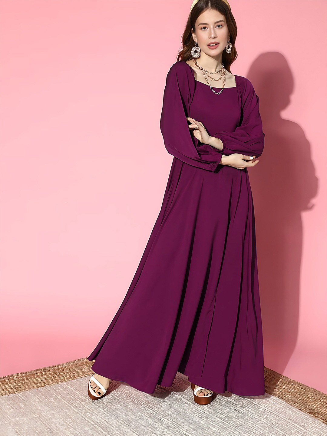 

Femvy Square Neck Puff Sleeve Slit Maxi Dress, Magenta