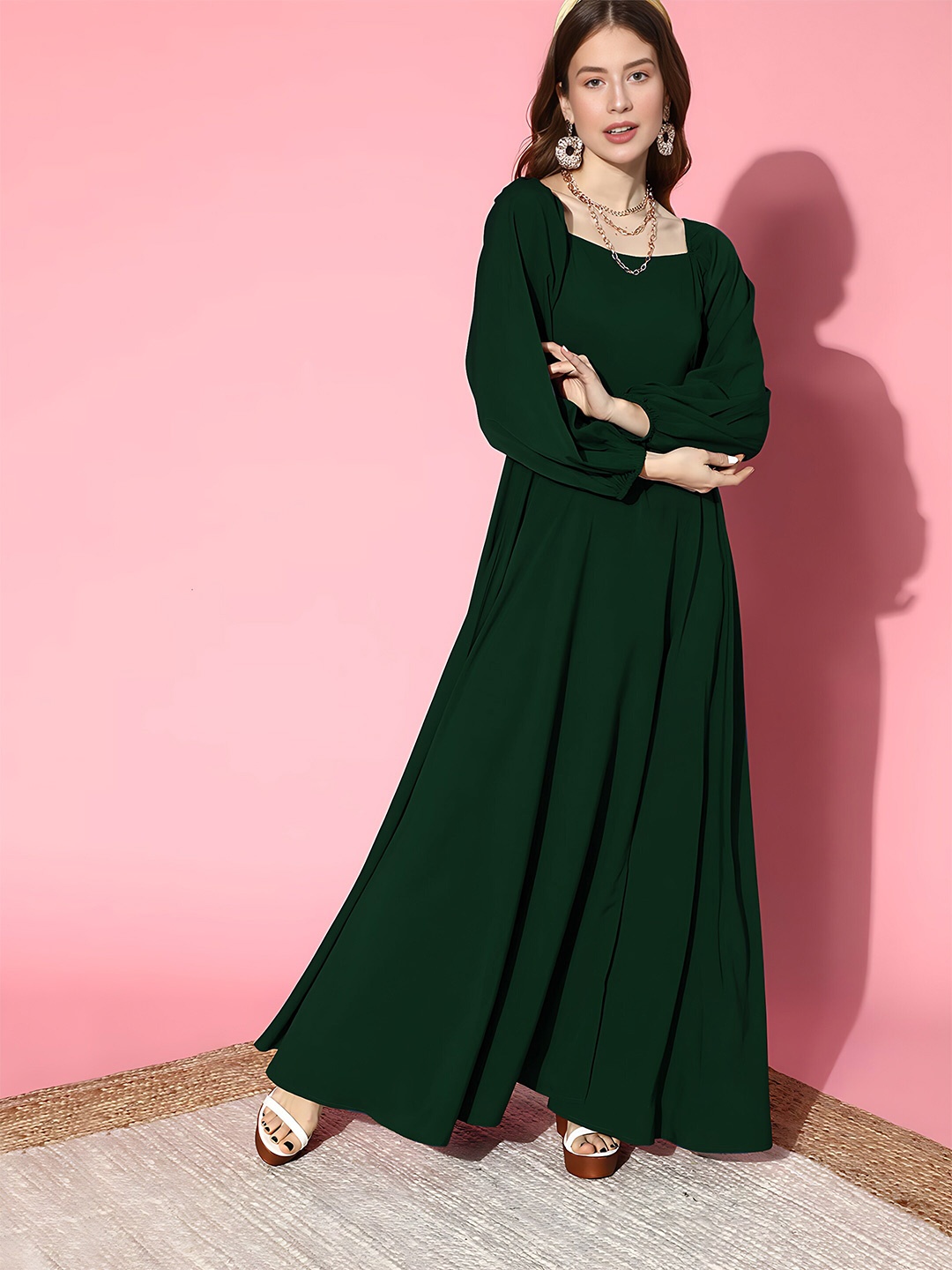

Femvy Square Neck Long Puff Sleeve Slit Maxi Dress, Green