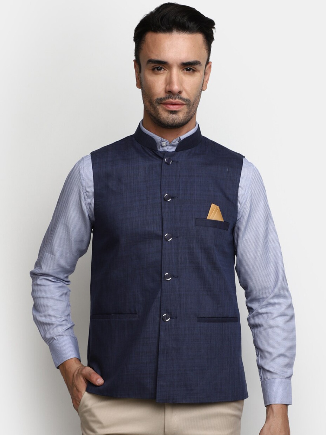 

V-Mart Mandarin Collar Cotton Tailored Jacket, Navy blue