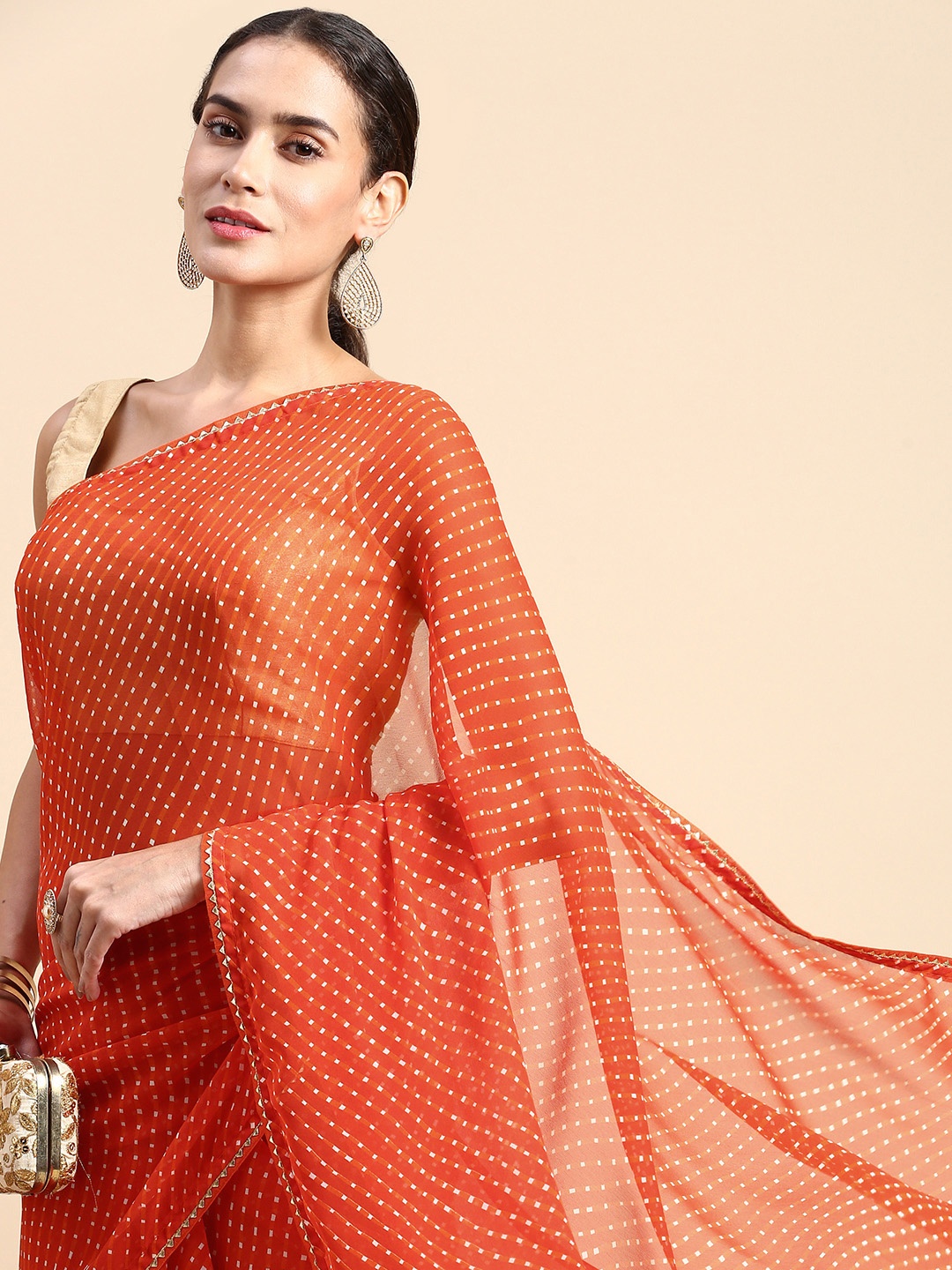 

Rani Saahiba Leheriya Printed Gotta Patti Saree, Orange
