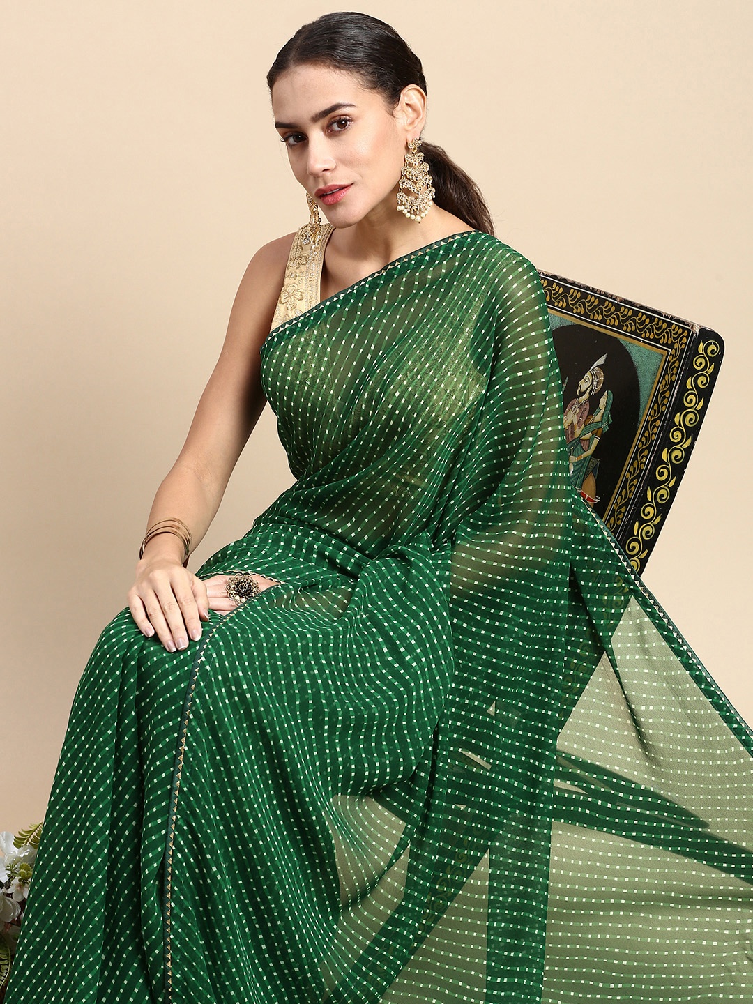 

Rani Saahiba Leheriya Printed Gotta Patti Saree, Green