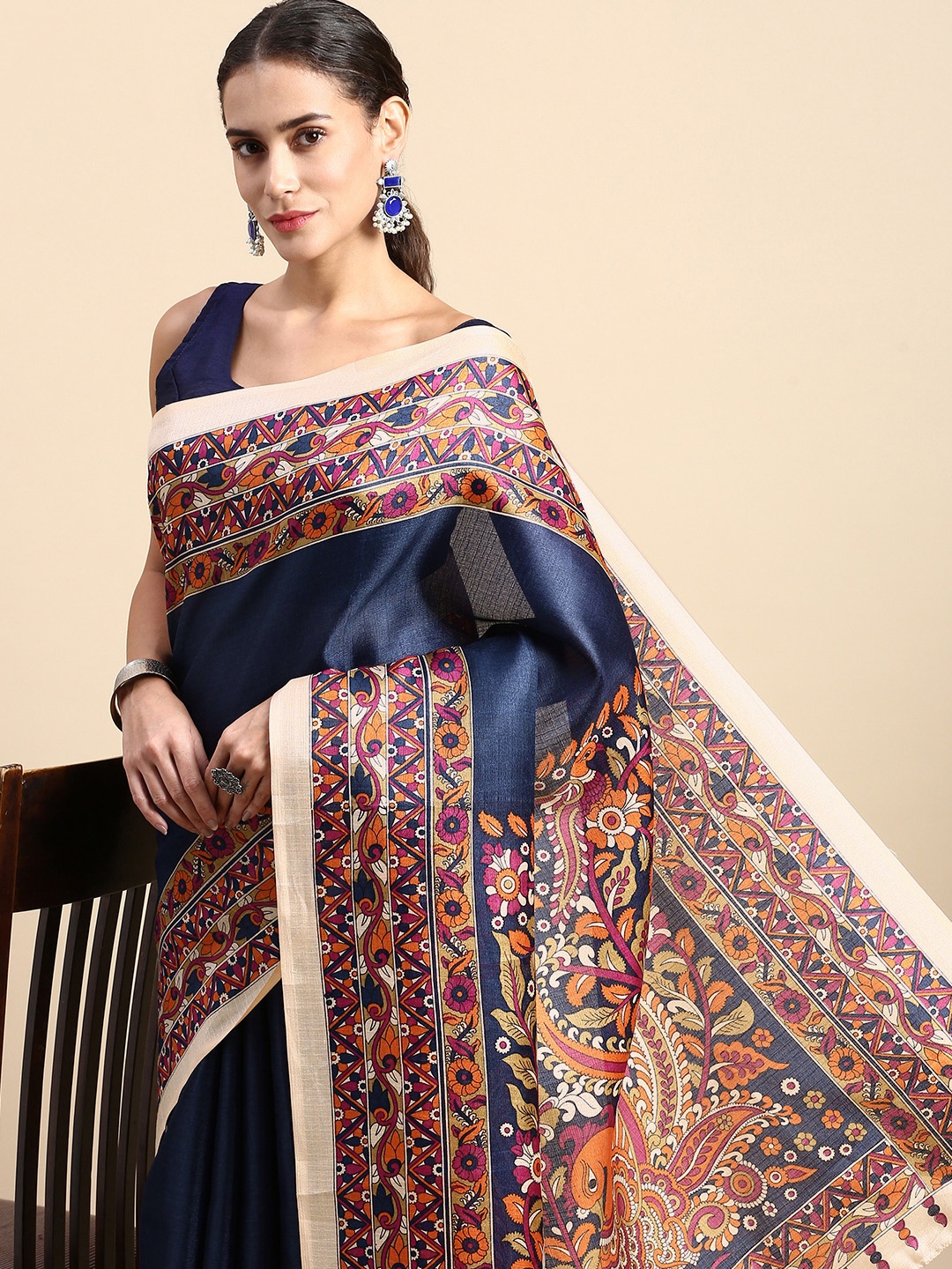 

Rani Saahiba Kalamkari Bhagalpuri Saree, Navy blue