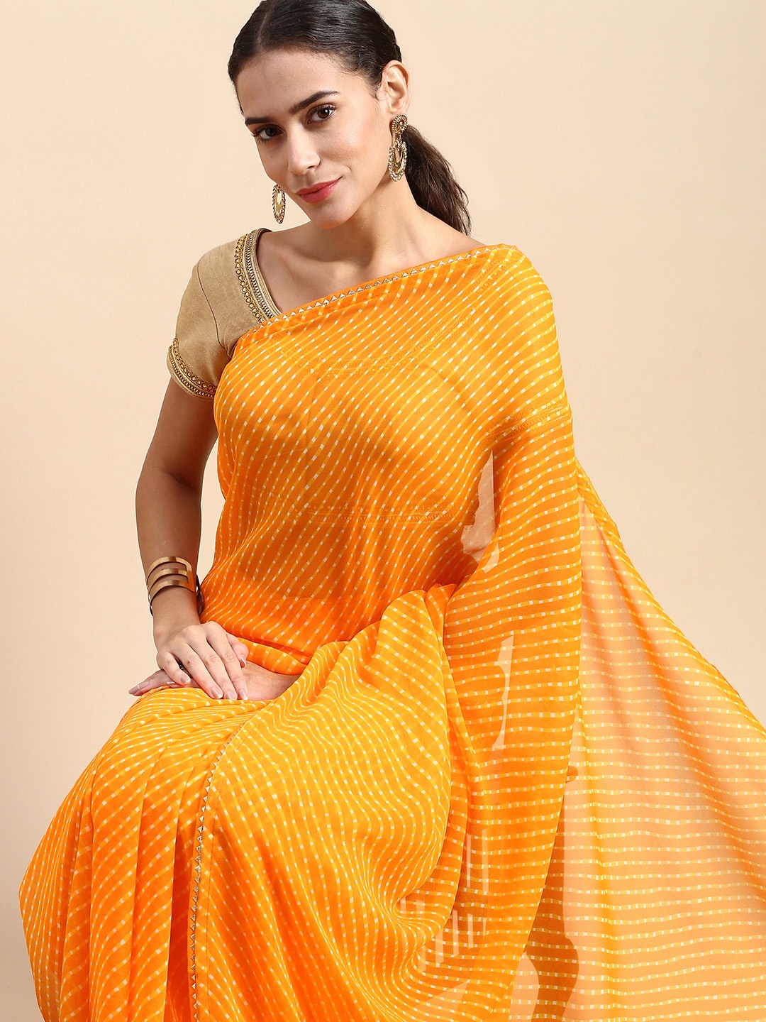 

Rani Saahiba Leheriya Printed Gotta Patti Saree, Yellow