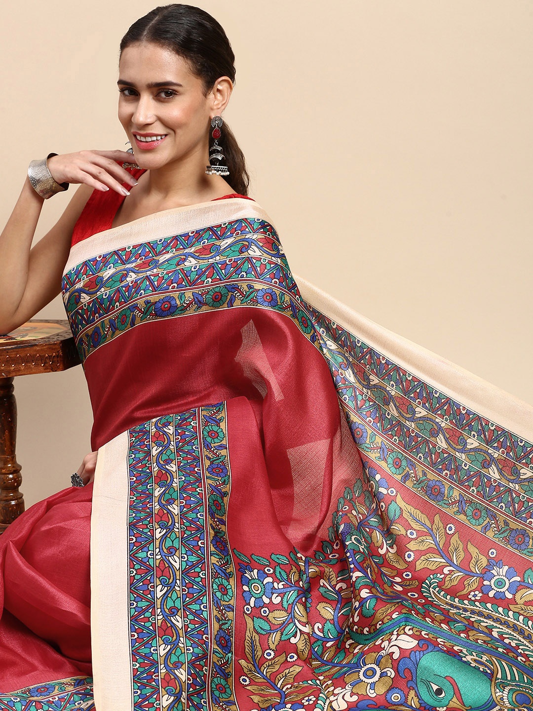 

Rani Saahiba Kalamkari Bhagalpuri Saree, Red
