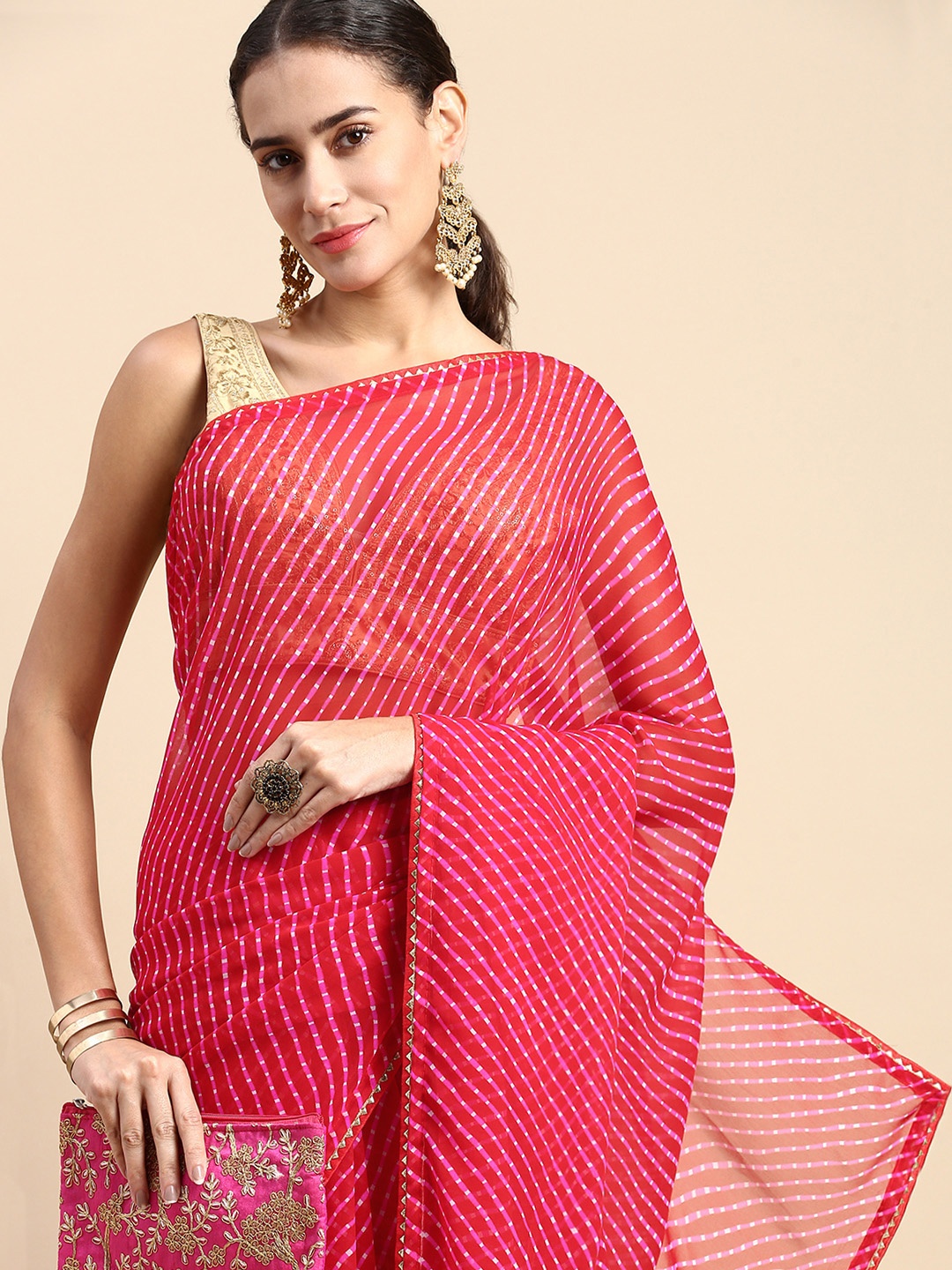 

Rani Saahiba Leheriya Printed Gotta Patti Saree, Red