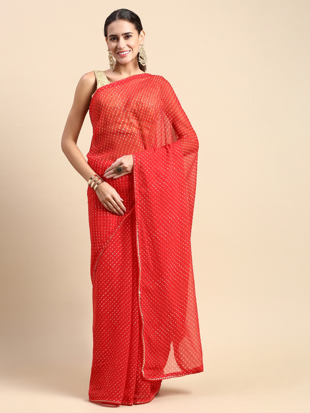 

Rani Saahiba Leheriya Printed Gotta Patti Saree, Red