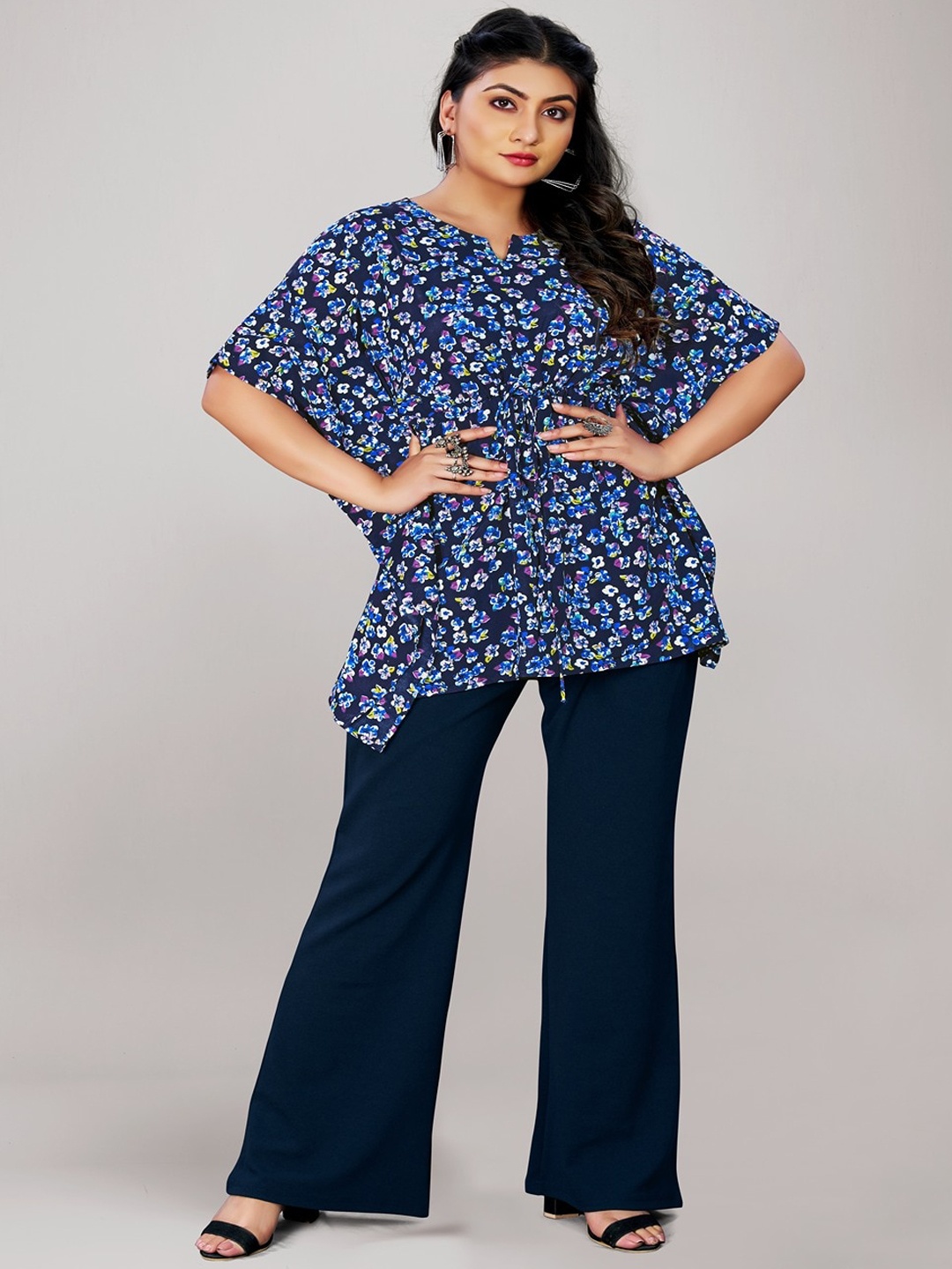Sanado Floral Printed Kaftan Top With Trouser, Blue