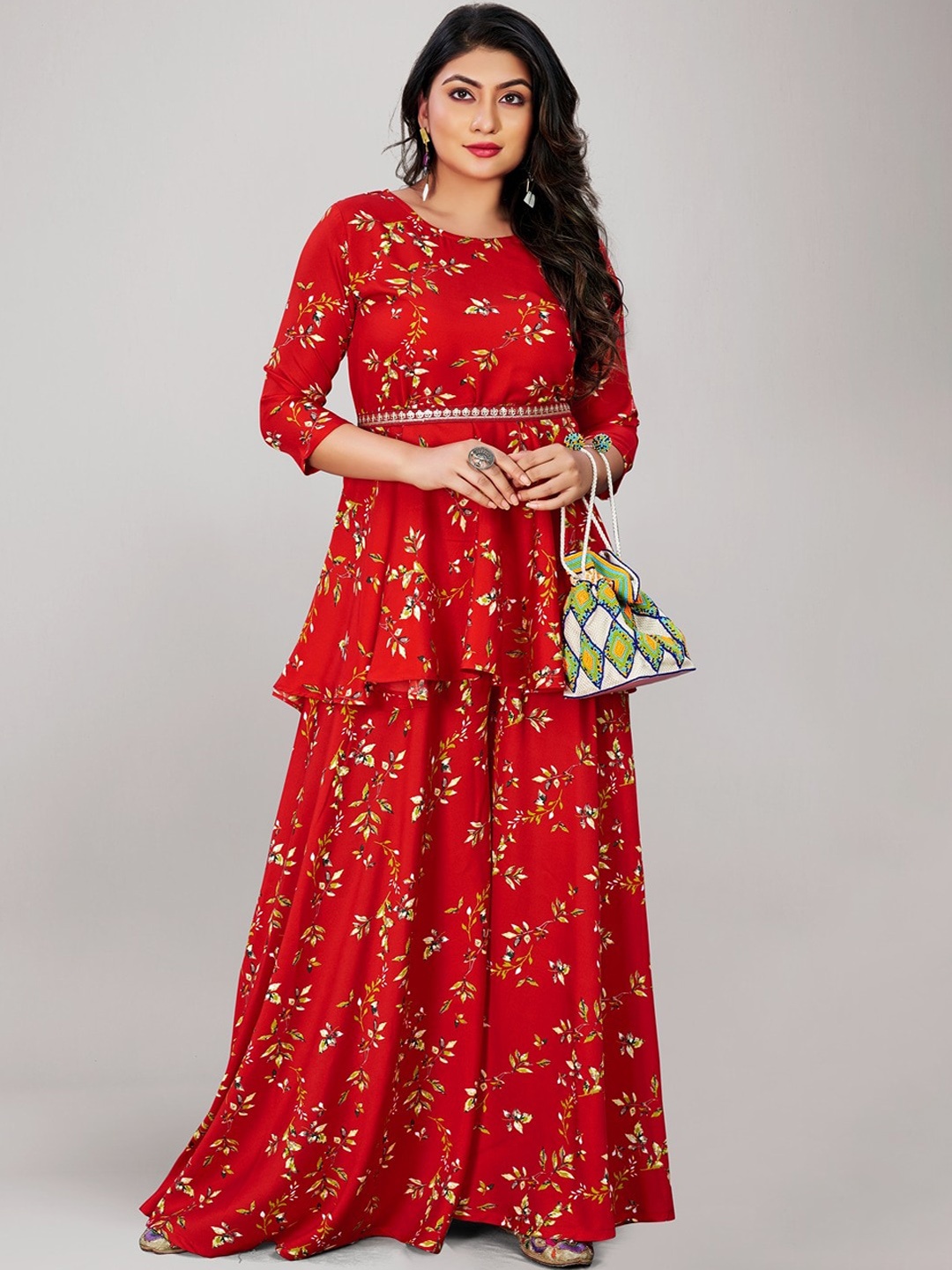 

SANADO Floral Printed A-Line Empire Kurti With Palazzos, Red