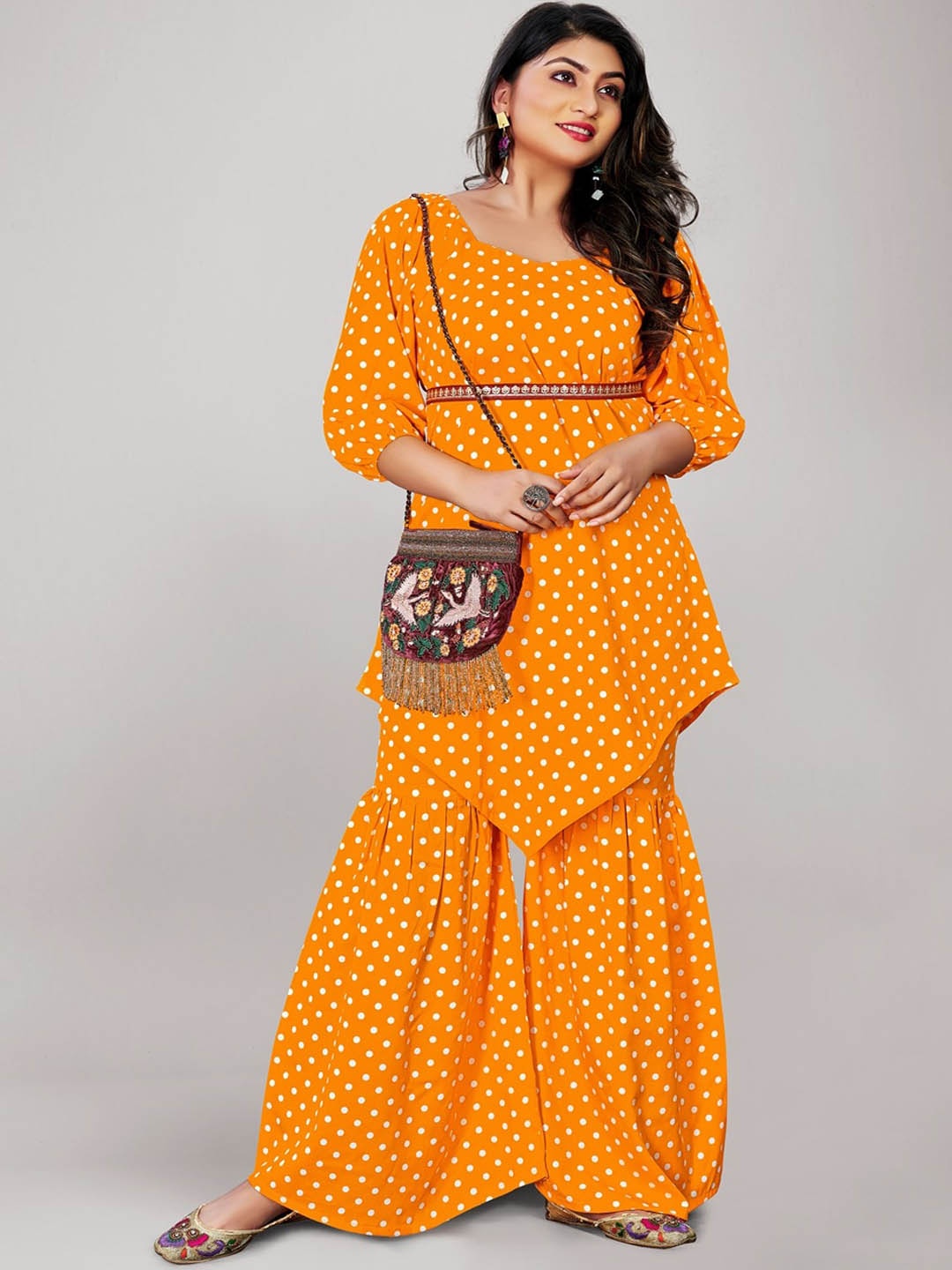 

SANADO Polka Dot Printed Regular Asymmetric Kurta with Sharara, Yellow