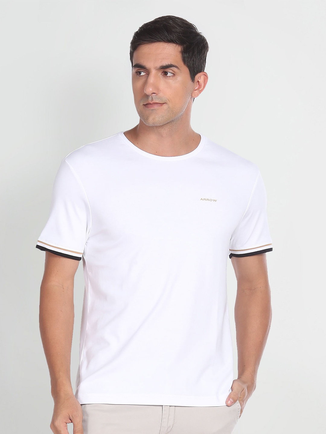 

Arrow Sport Round Neck Short Sleeves Pure Cotton T-shirt, White