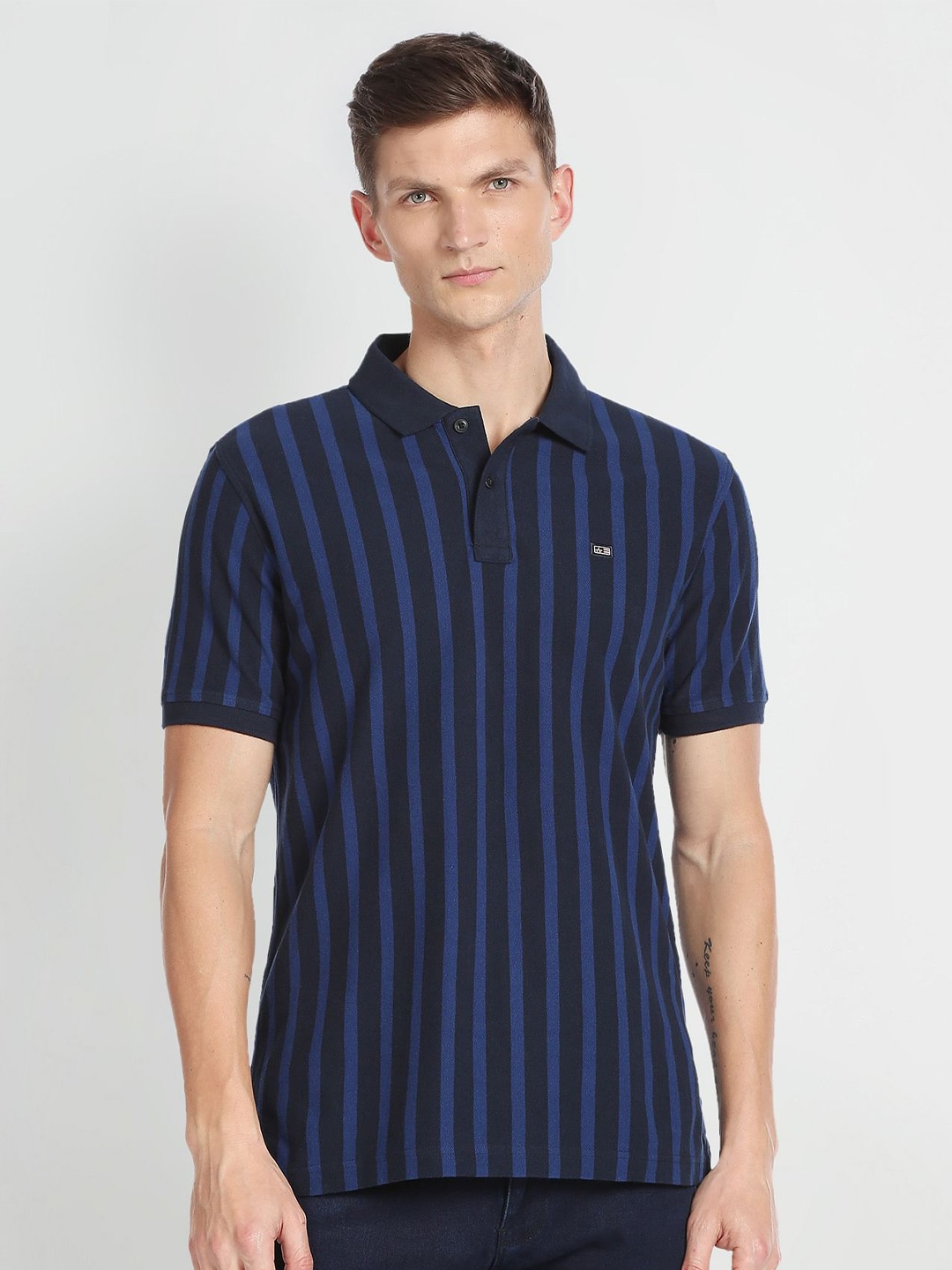

Arrow Sport Striped Polo Collar Pure Cotton T-shirt, Navy blue