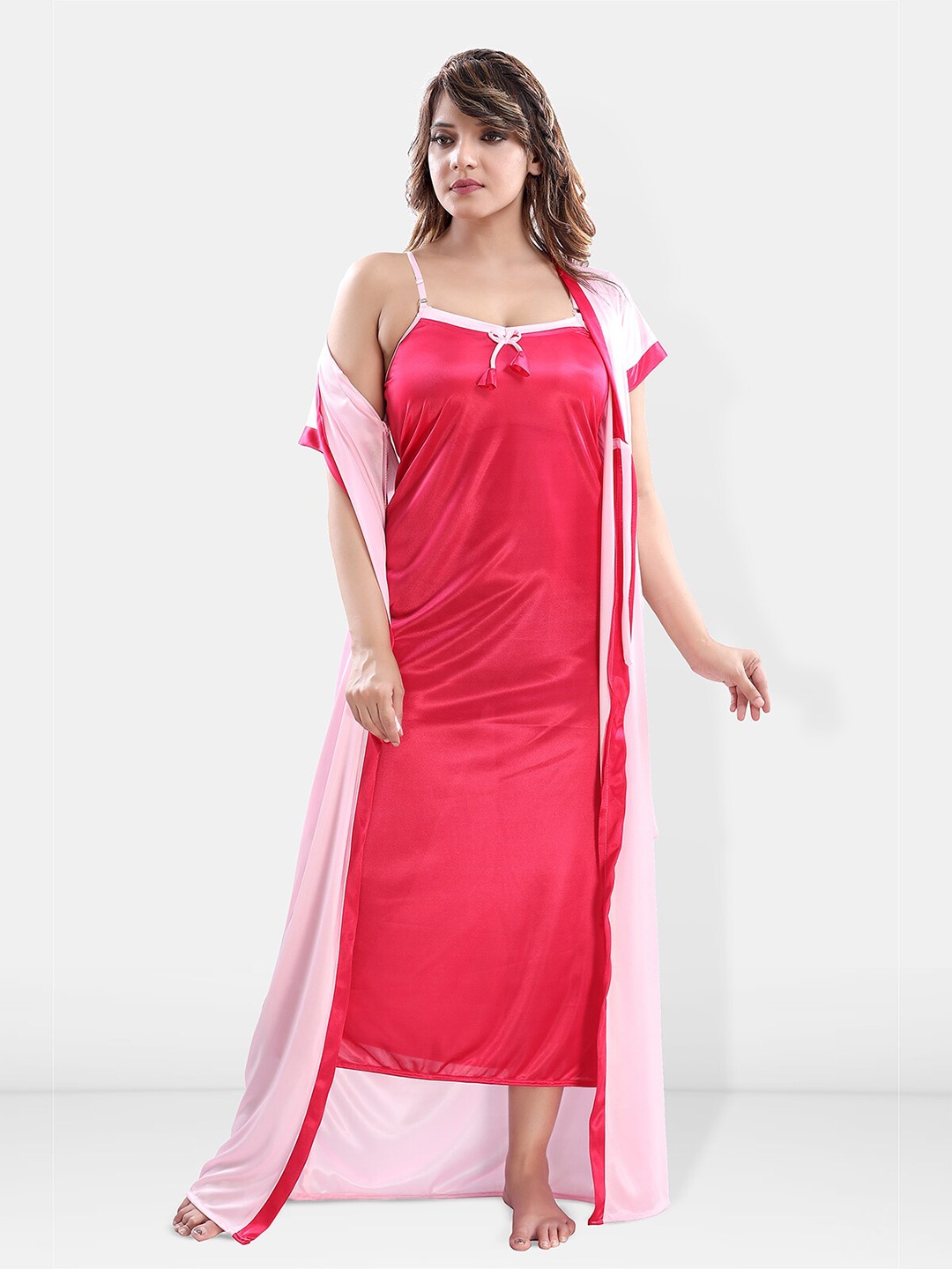 

Be You Shoulder Straps Satin Maxi Nightdress with Robe, Pink