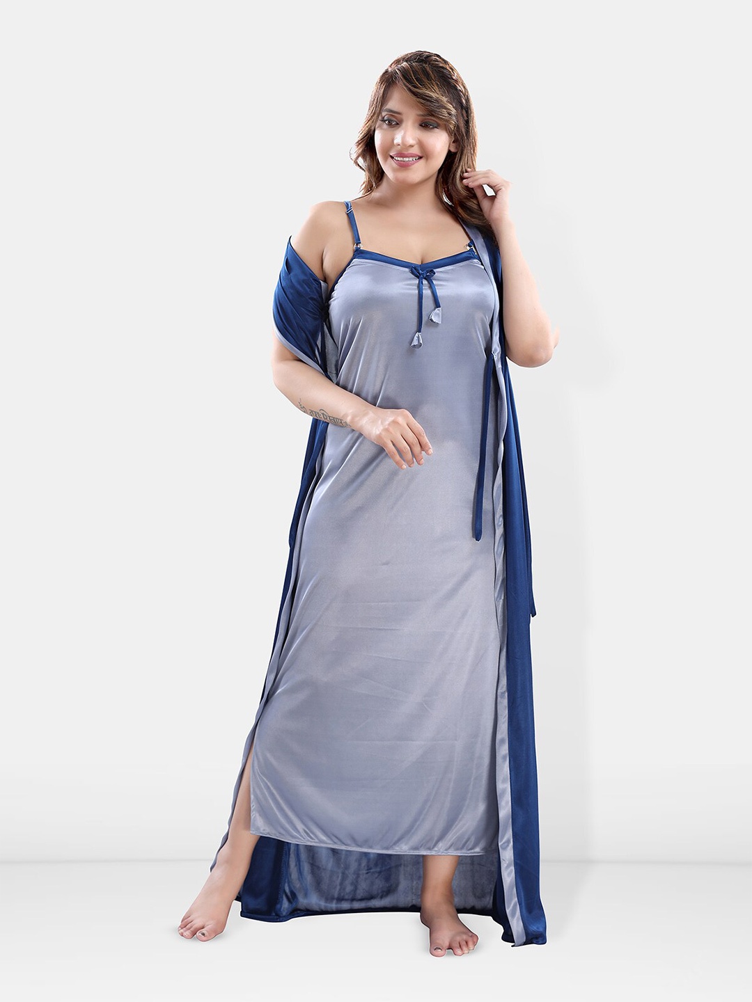 

Be You Shoulder Straps Satin Maxi Nightdress with Robe, Blue