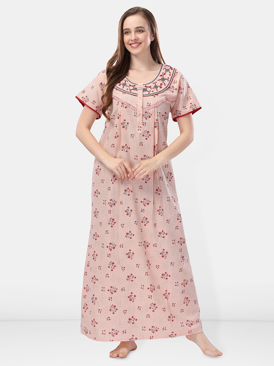 

Be You Printed And Embroidered Maxi Nightdress, Peach