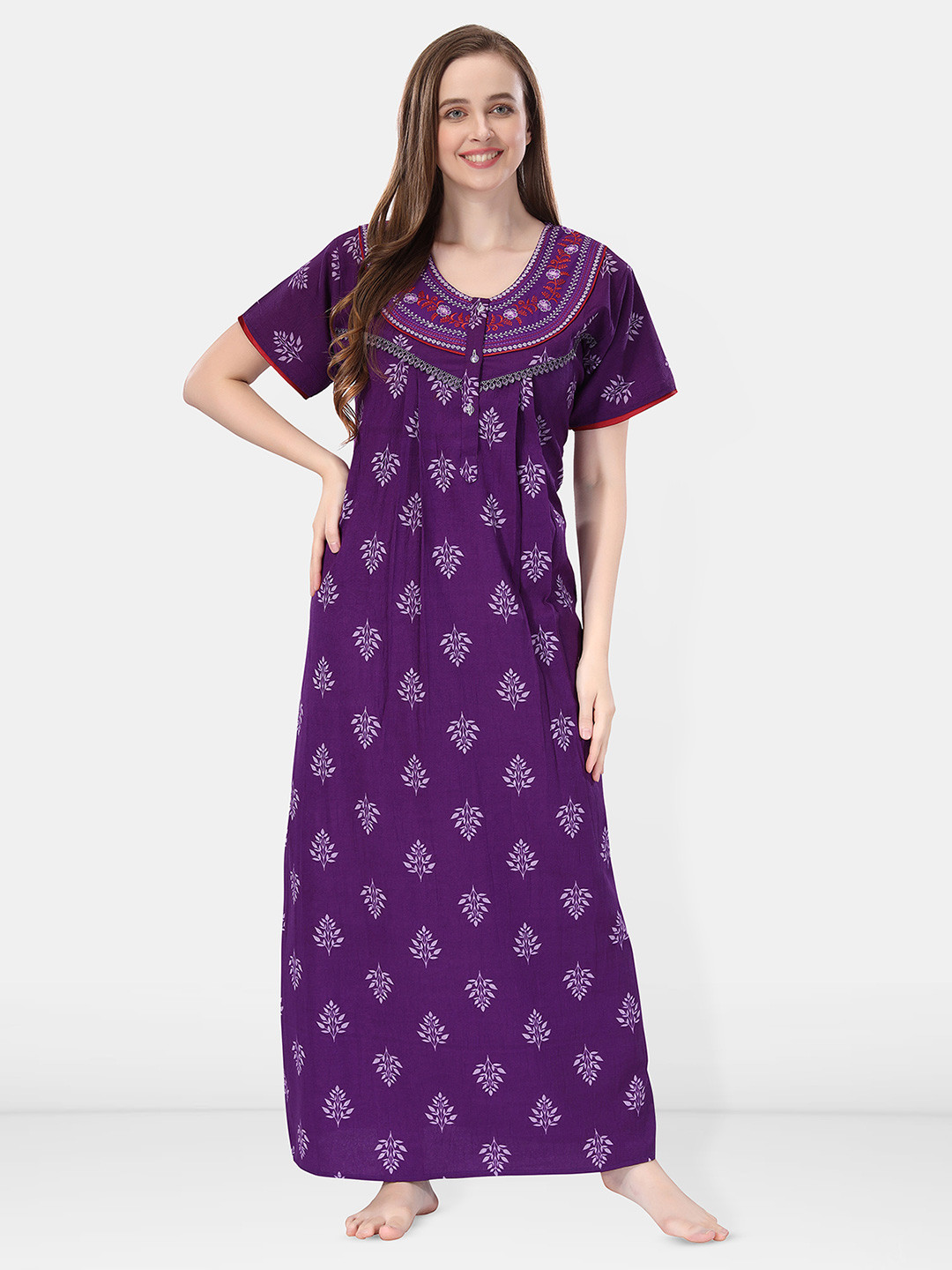 

Be You Printed And Embroidered Maxi Nightdress, Purple