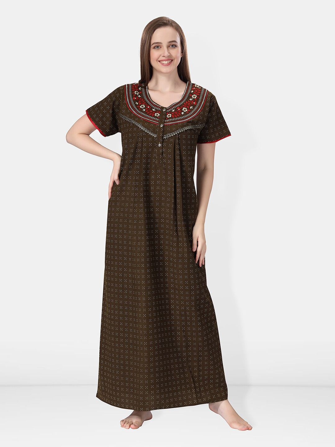 

Be You Geometric Printed Embroidered Maxi Nightdress, Brown