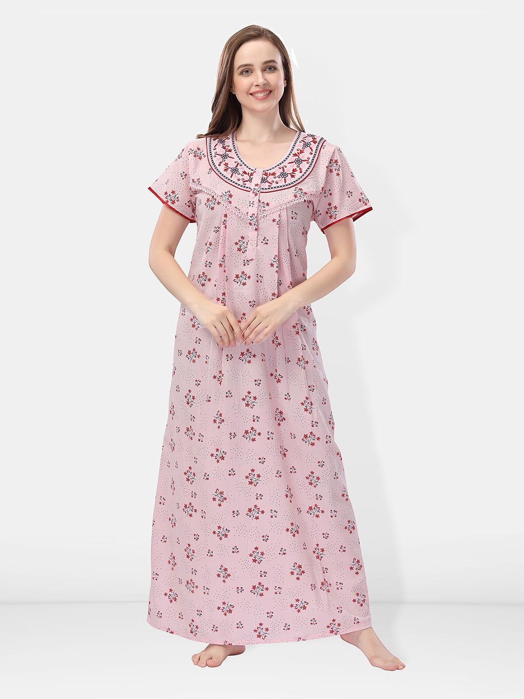 

Be You Floral Printed Embroidered Maxi Nightdress, Pink