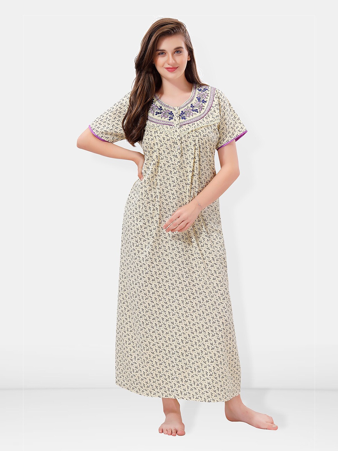 

Be You Floral Printed Embroidered Maxi Nightdress, Off white