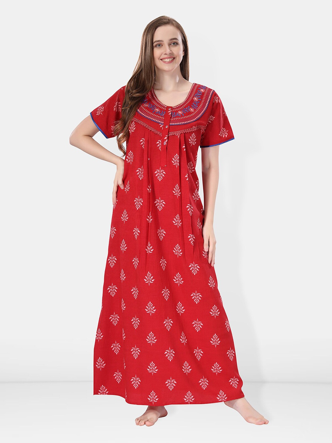 

Be You Ethnic Printed Embroidered Maxi Nightdress, Red