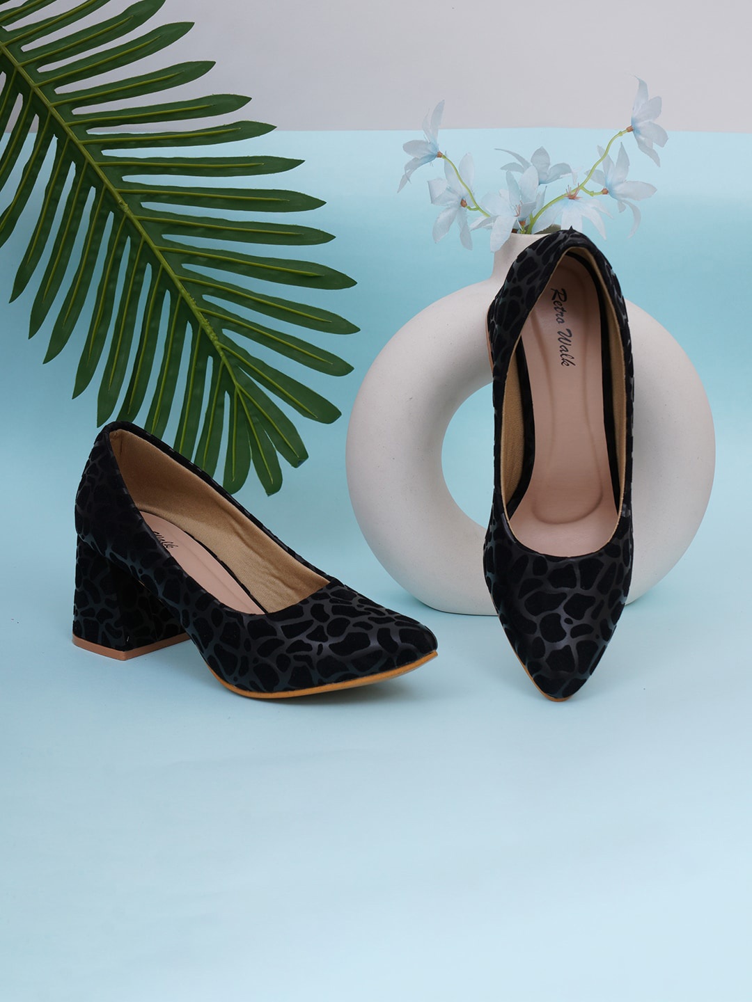 

Retro Walk Printed Velvet Block Heel Pumps, Black