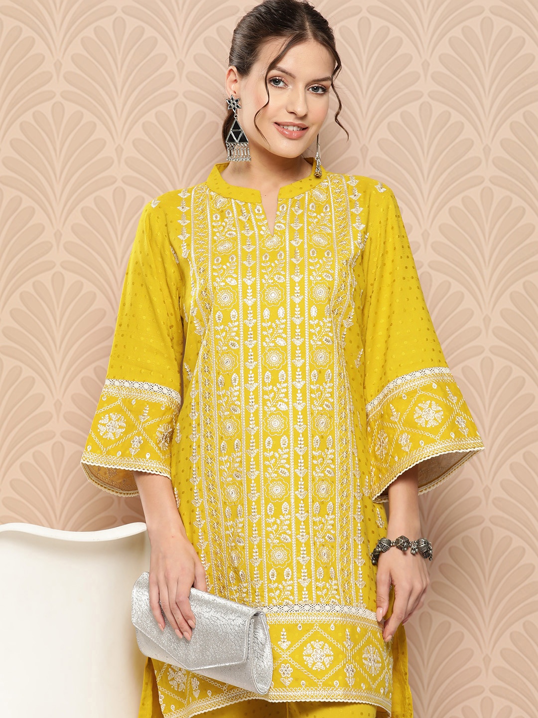 

ZOLA Floral Embroidered Flared Sleeves Zari Kurti with Trousers, Mustard