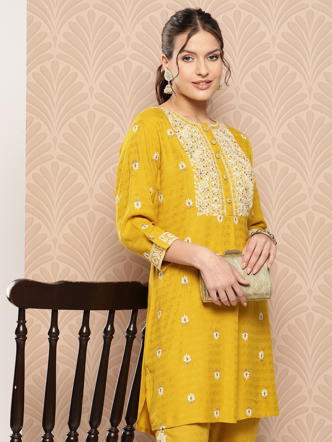 

ZOLA Floral Embroidered Zari Kurti with Trousers, Mustard