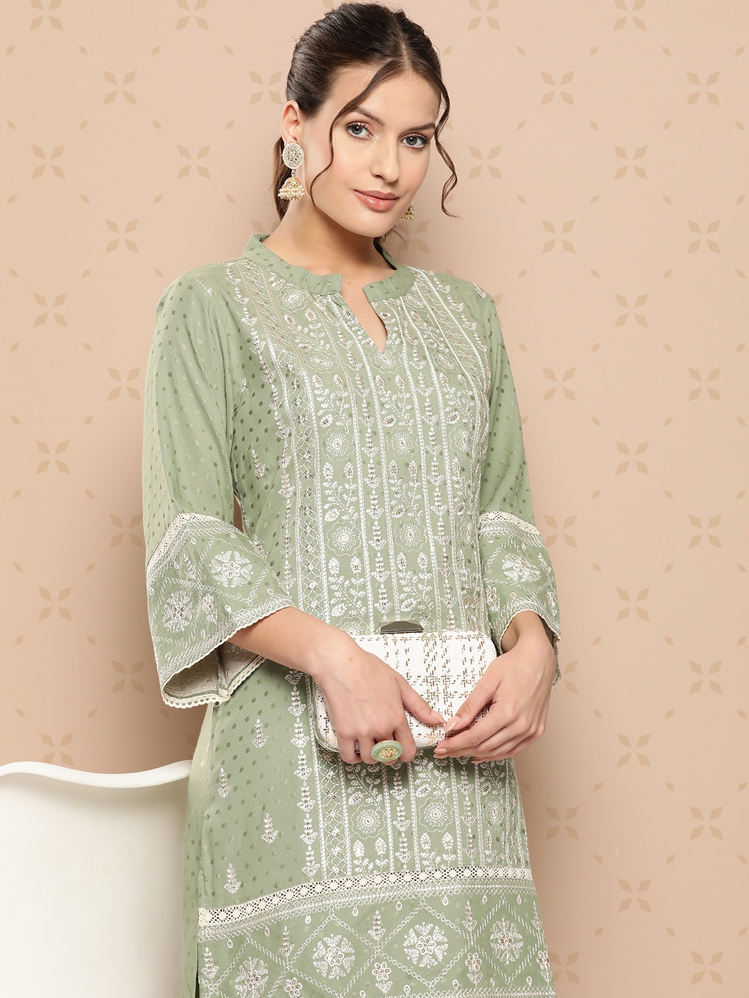 

ZOLA Women Ethnic Motifs Embroidered Regular Thread Work Kurti with Trousers, Olive