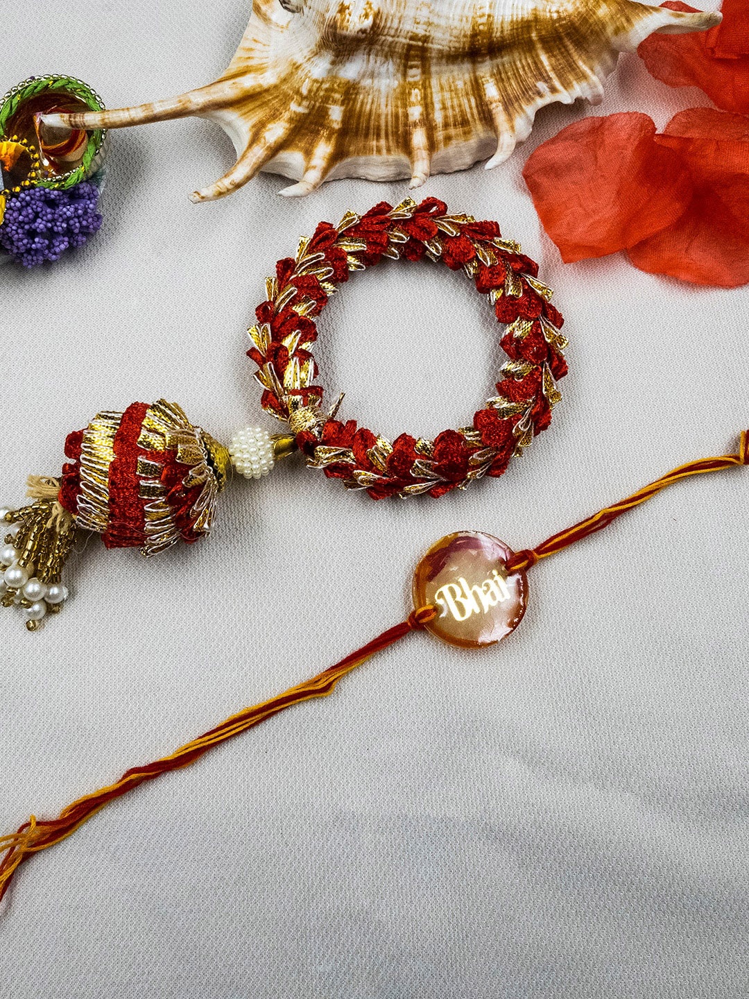 

StileAdda Unisex Set Of 2 Bhai Bhabhi Rakhi & Roli Chawal Gift Set, Red