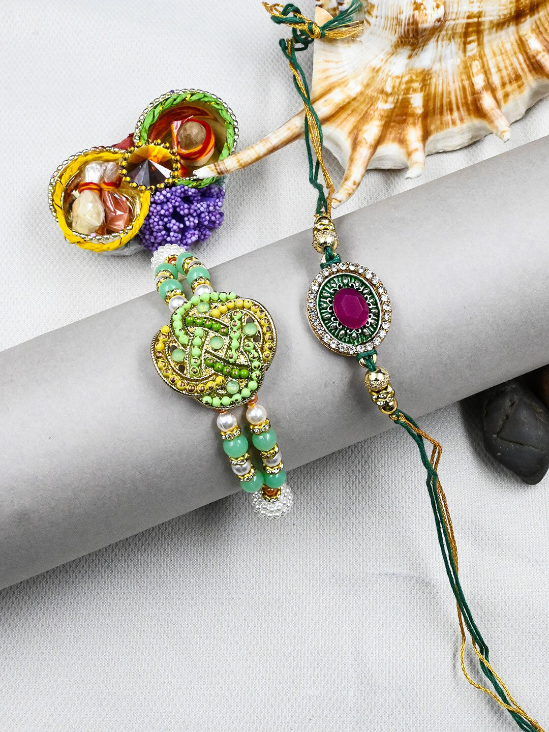 

StileAdda Set Of 2 Bhai Bhabhi Rakhi & Roli Chawal Gift Set, Green
