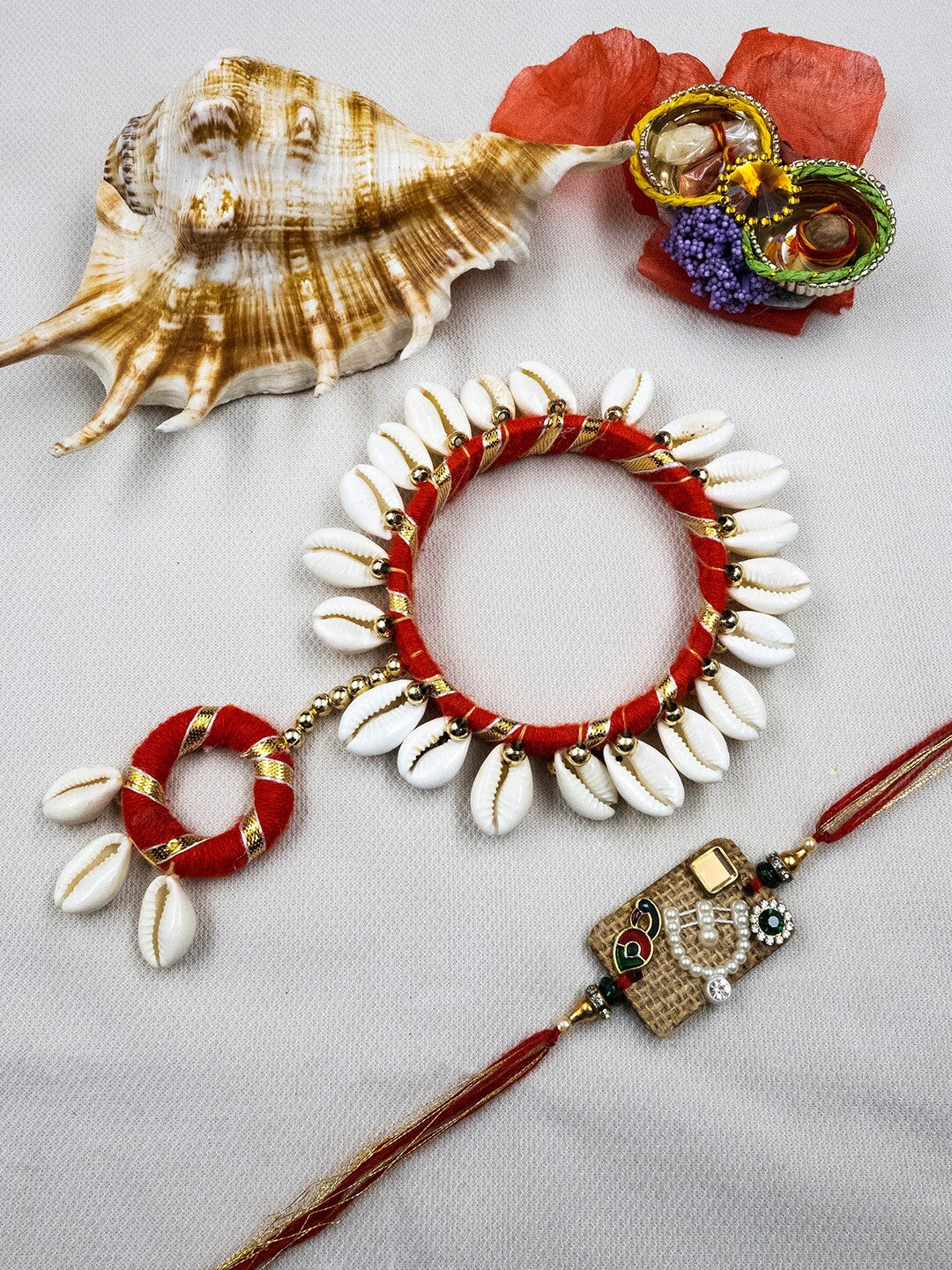 

StileAdda Set Of 2 Embellished Bhaiya Bhabhi Rakhi With Roli Chawal, Red