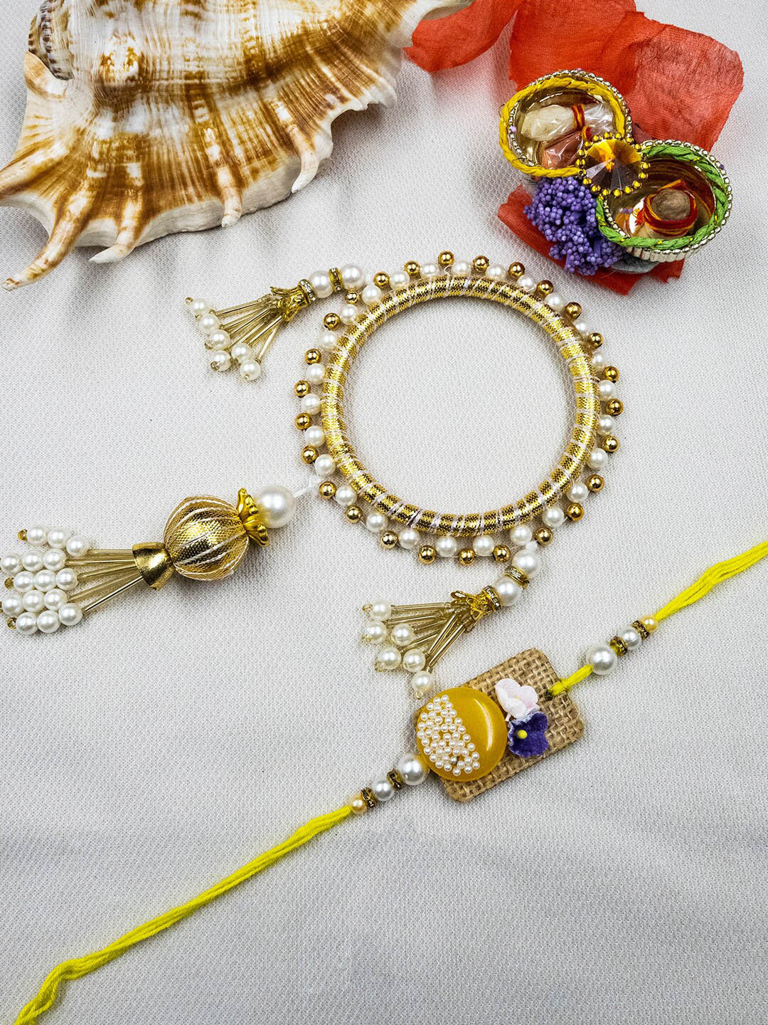 

StileAdda Set Of 2 Embellished Bhaiya Bhabhi Rakhi With Roli Chawal, Gold