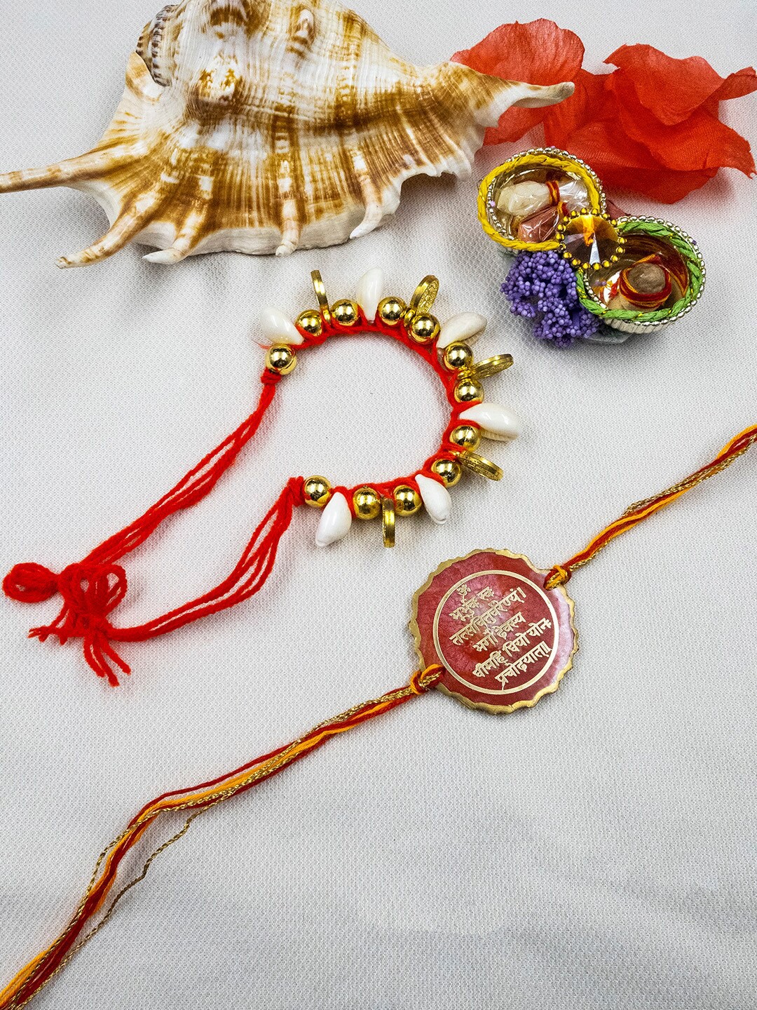

StileAdda Set Of 2 Embellished Bhaiya Bhabhi Rakhi With Roli Chawal, Red