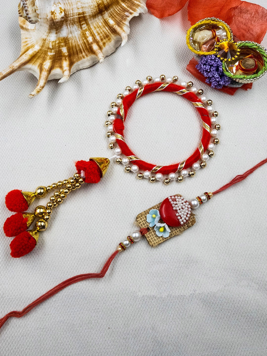 

StileAdda Set Of 2 Embellished Bhaiya Bhabhi Rakhi With Roli Chawal, Red